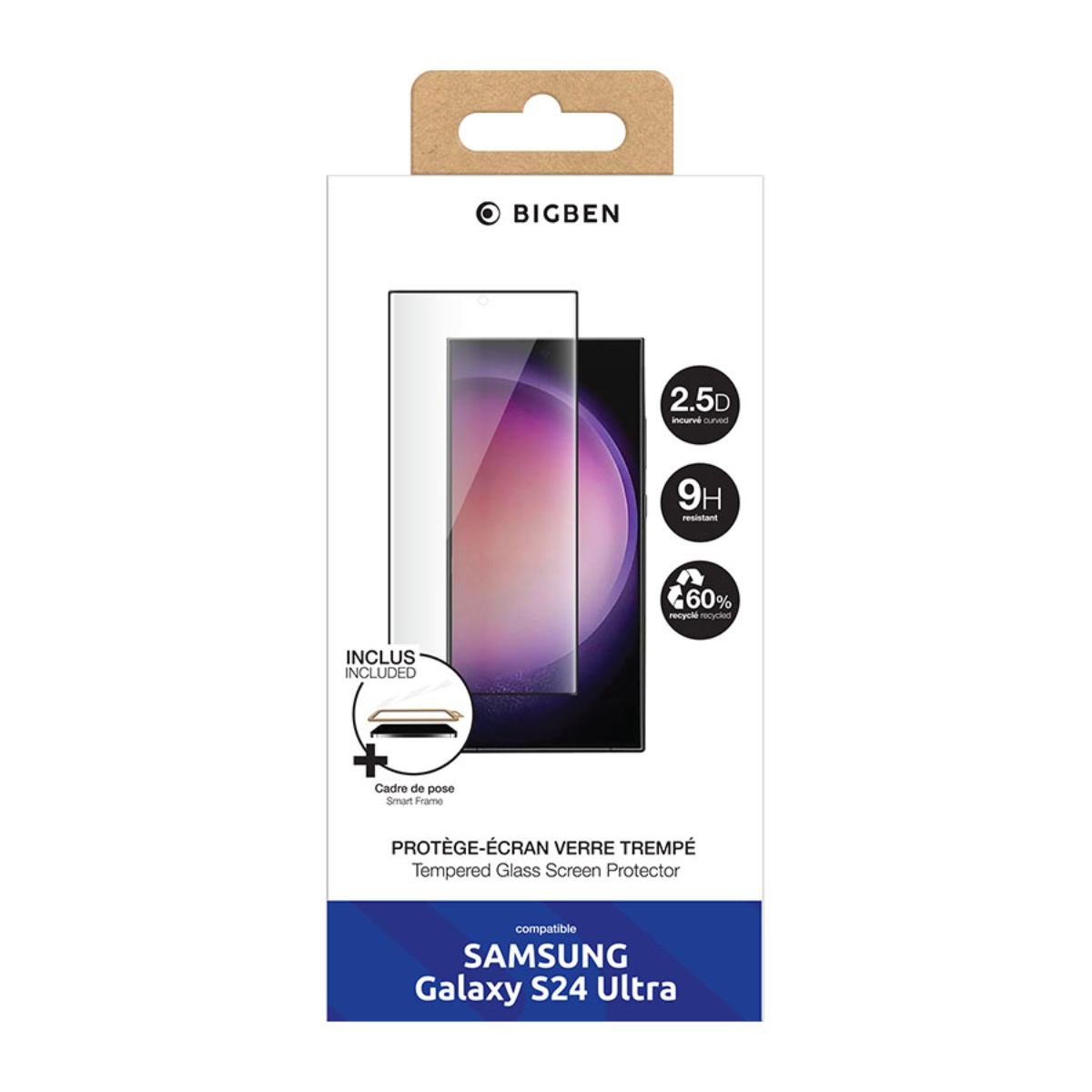 Doos voor een telefoonschermbeschermer. Toont telefoon met beschermer, tekst: Samsung Galaxy S24 Ultra.