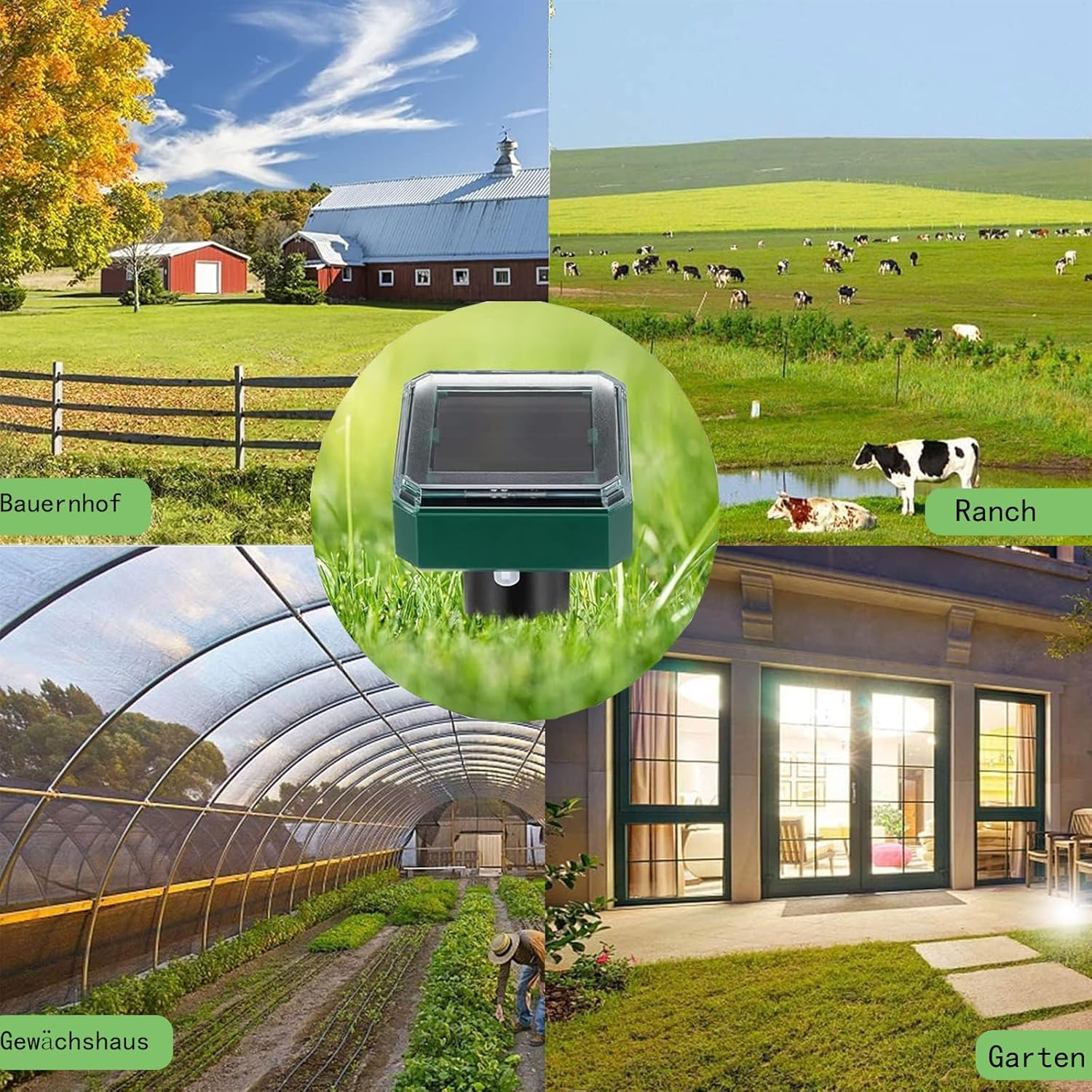 Solar Insektenvernichter auf Gras, mit Bauernhof, Ranch und Gewächshaus im Hintergrund.