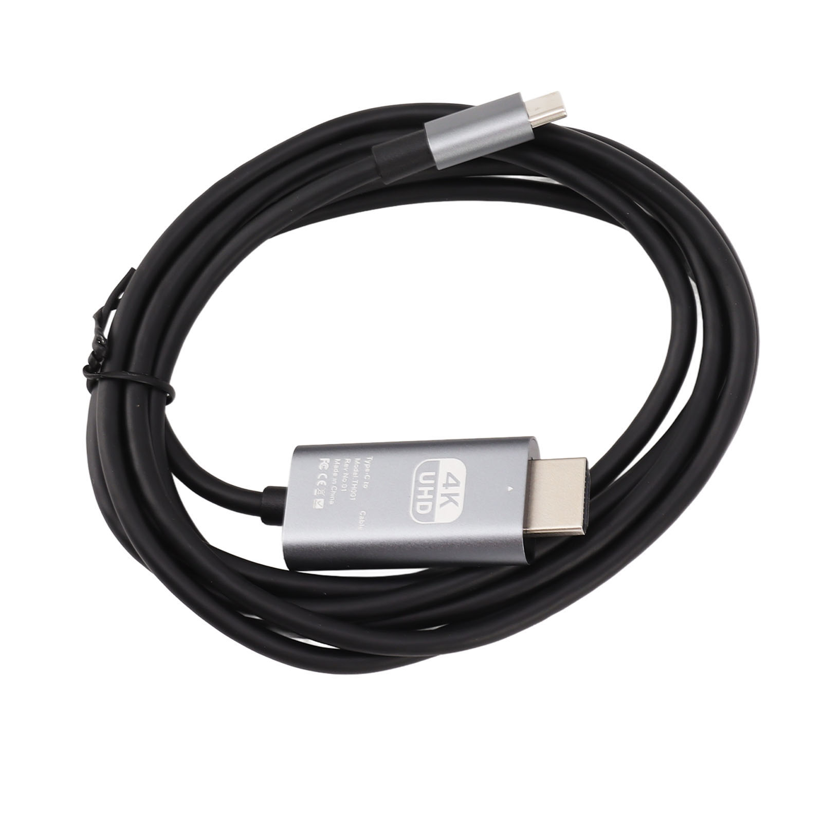 Schwarzes Kabel mit grauem Adapter mit HDMI- und USB-C-Anschlüssen, isoliert auf Weiß.