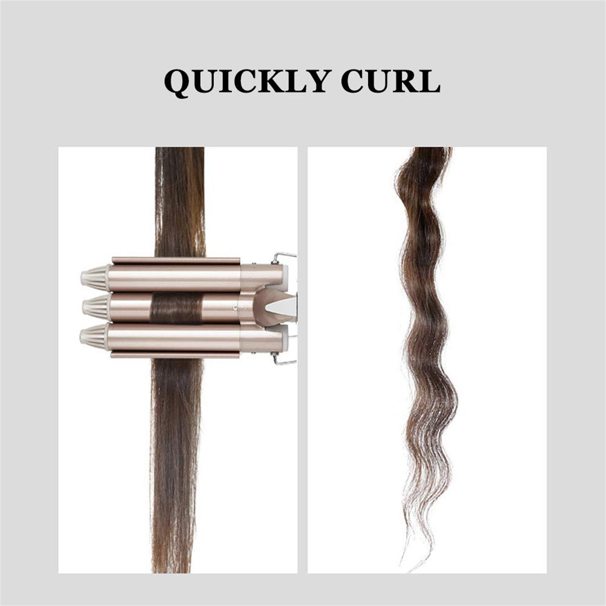 Haar-Lockenstab mit drei Heizstäben, der Haare vor und nach dem Locken zeigt.