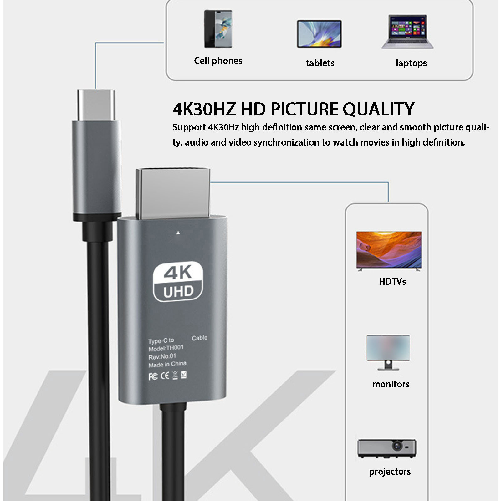 Graues Kabel mit USB-C- und HDMI-Anschlüssen, unterstützt 4K-Qualität.