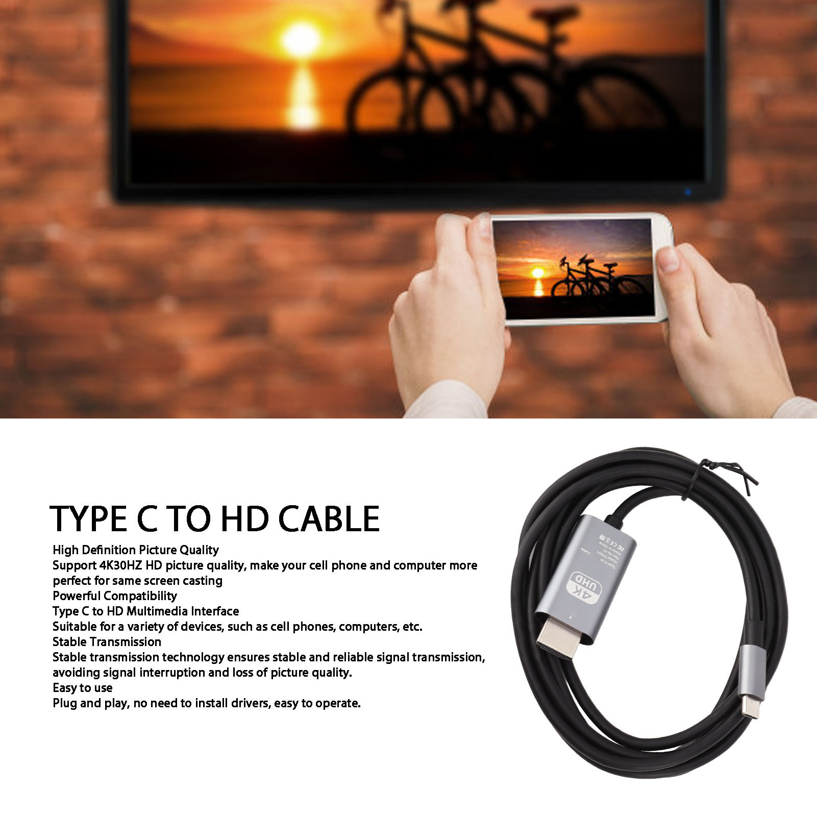 Person hält Telefon, das TV-Bildschirm spiegelt, plus Kabel und Text zum Produkt.