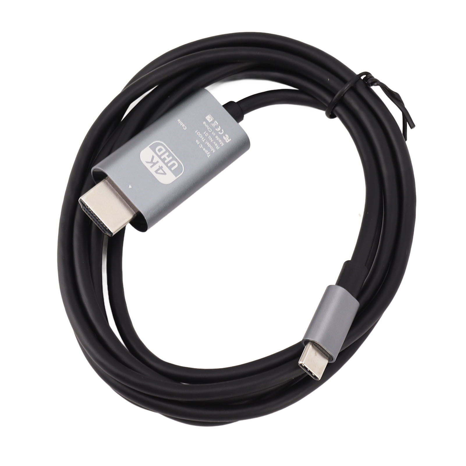 Schwarzes HDMI-Kabel mit silbernen Steckern. Ein Ende ist USB-C, das andere HDMI.