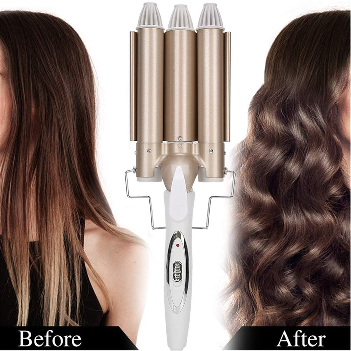 Ein Drei-Zylinder-Haarwickler neben zwei Frauen, eine mit glattem und die andere mit lockigem Haar.