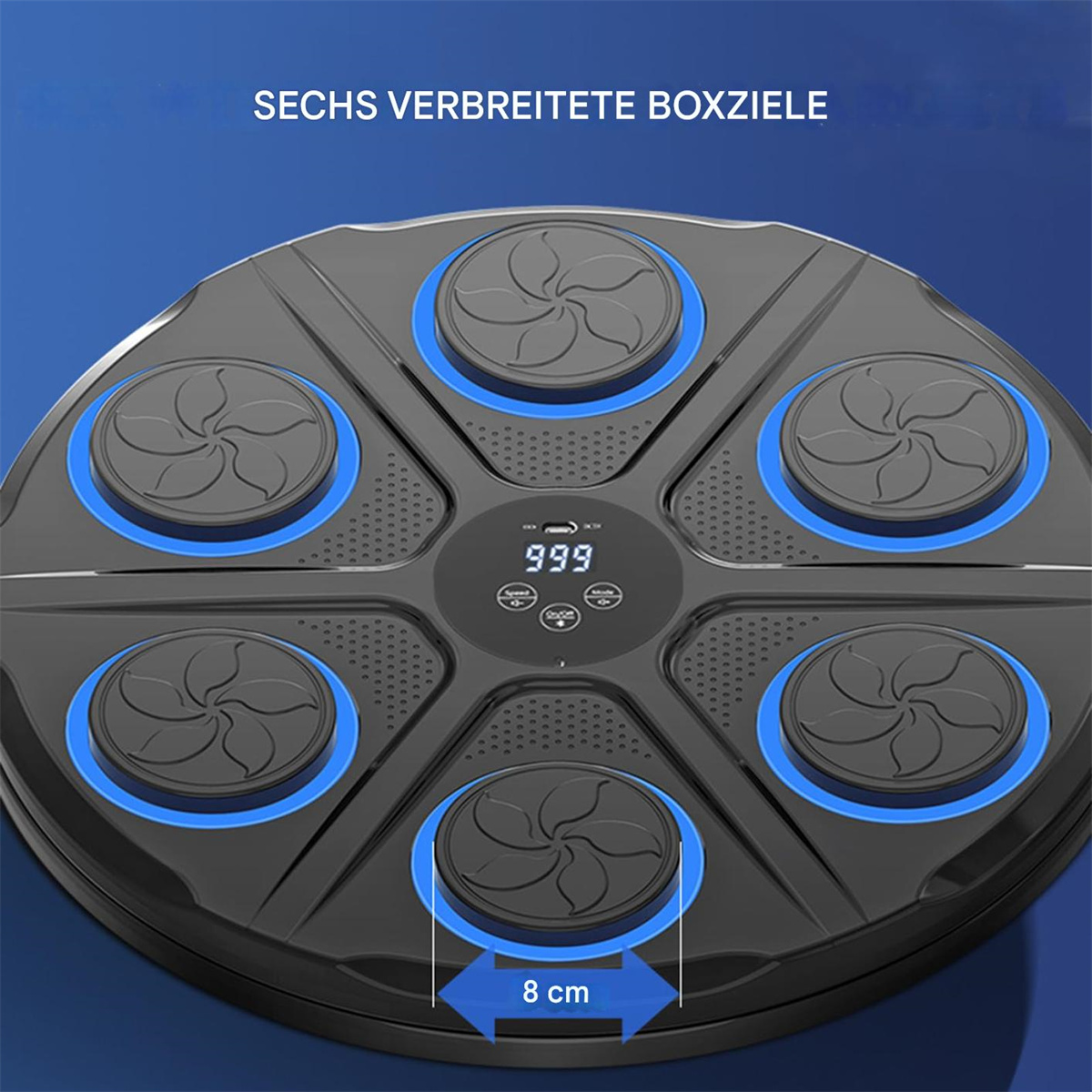 Ein schwarzes Gerät mit sechs beleuchteten kreisförmigen Zielen, mit einer Zahlenanzeige in der Mitte.