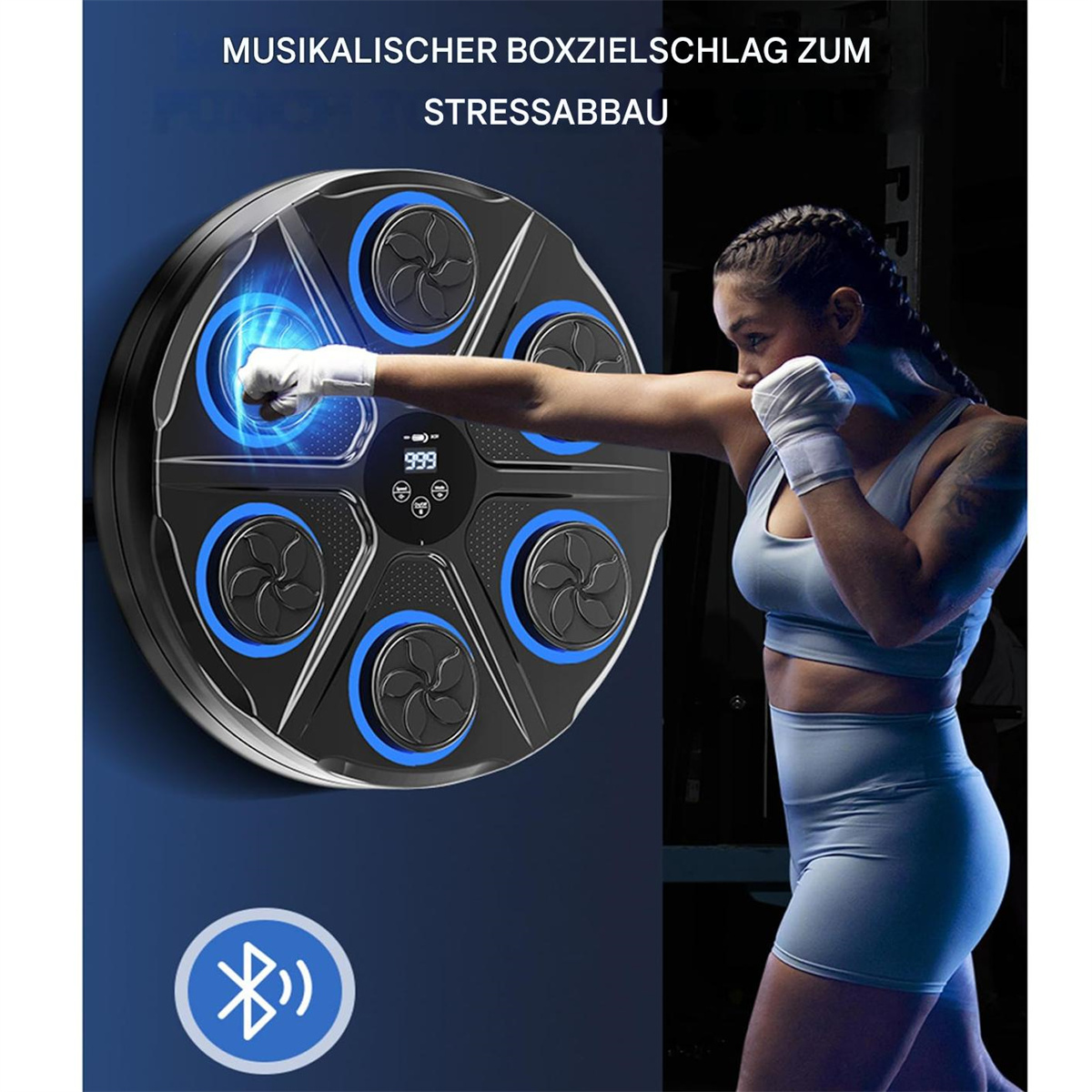 Eine Frau schlägt auf ein schwarzes Gerät mit beleuchteten Zielen. Unten befindet sich ein Bluetooth-Symbol.