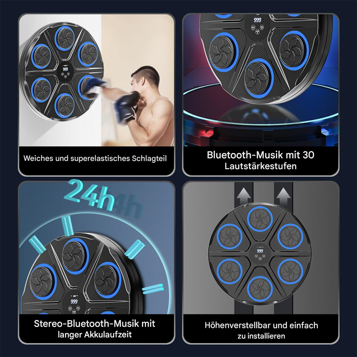 Vier Bilder, die eine Schlagmaschine mit einem Mann beim Schlagen und Funktionen der Maschine zeigen.