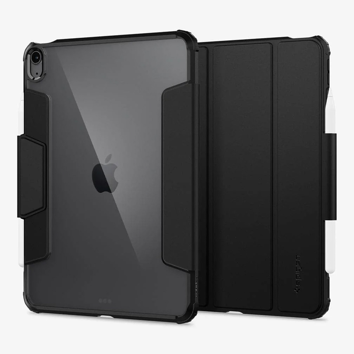 Étui noir pour iPad avec logo Apple. Un crayon blanc est dans le coin supérieur droit.