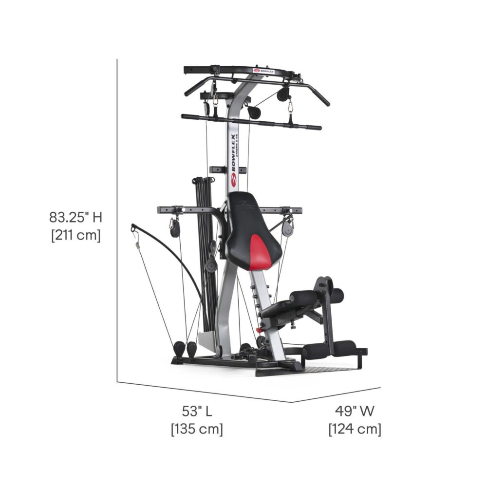 Bowflex home gym machine, zwart, rood en zilver. Afmetingen staan op een witte achtergrond.