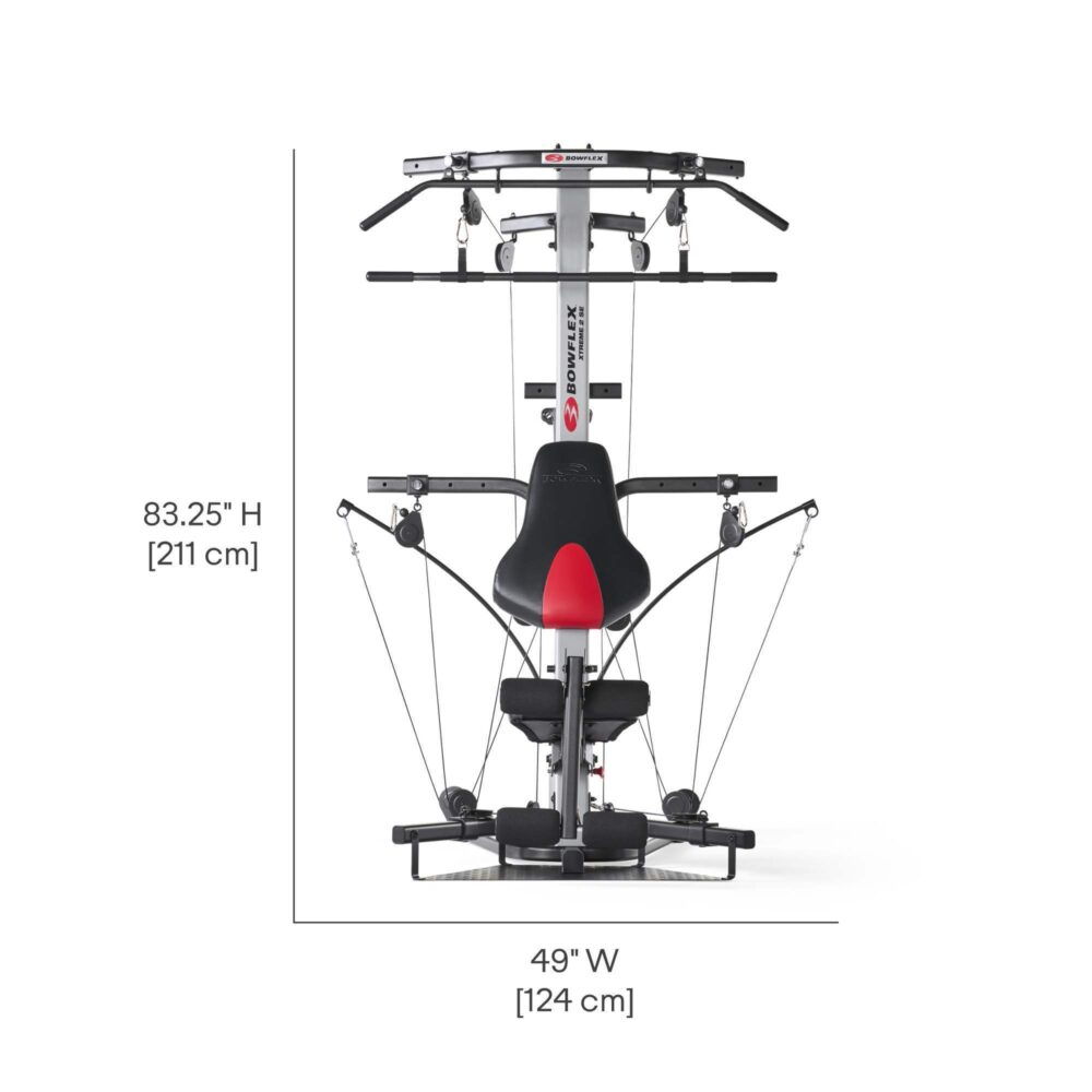 Bowflex home gym machine. Zwart, rood en zilver met afmetingen op een witte achtergrond.