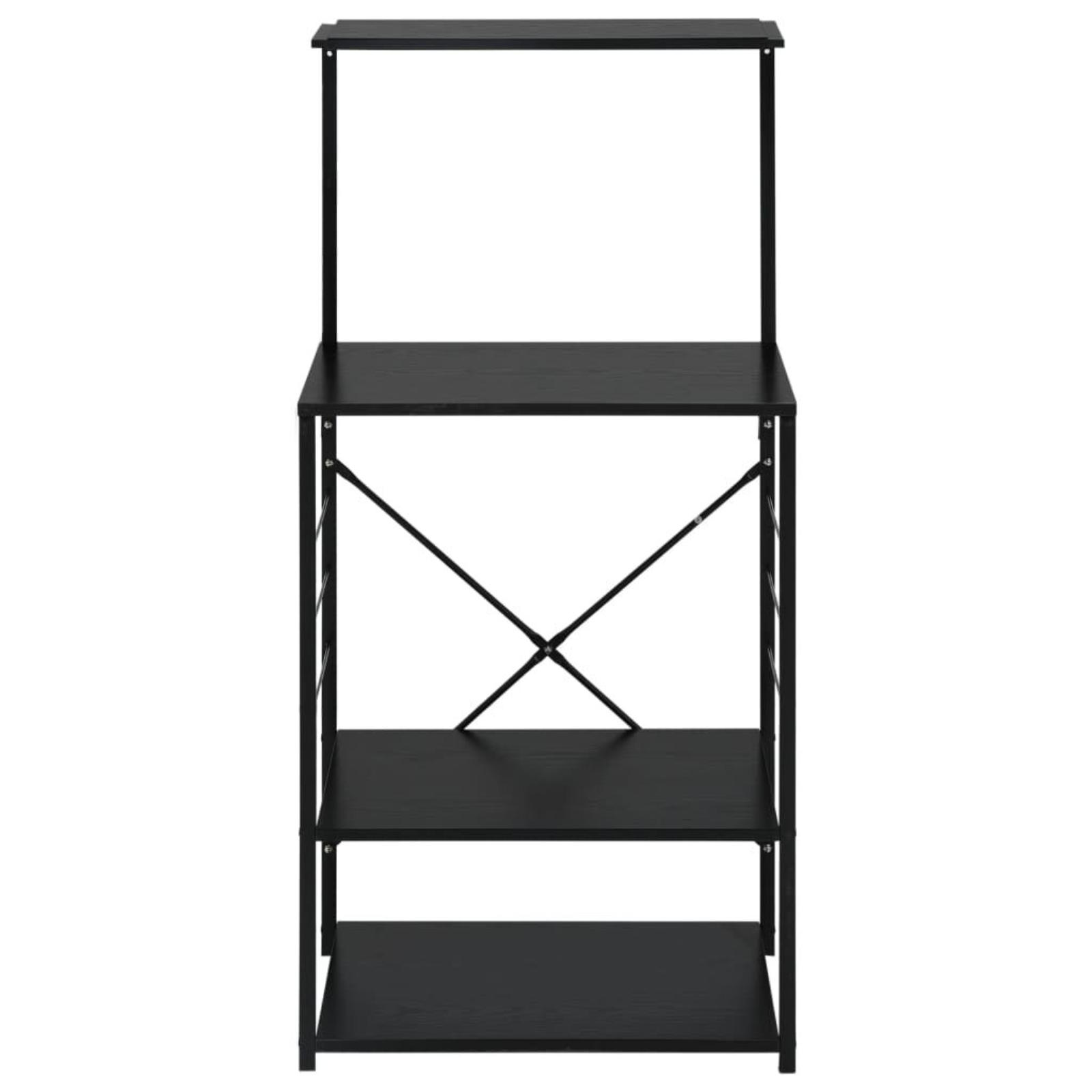 Ein schwarzes Regal mit vier Böden und einem obersten Regal. Das Gestell ist schwarz, mit X-Design.
