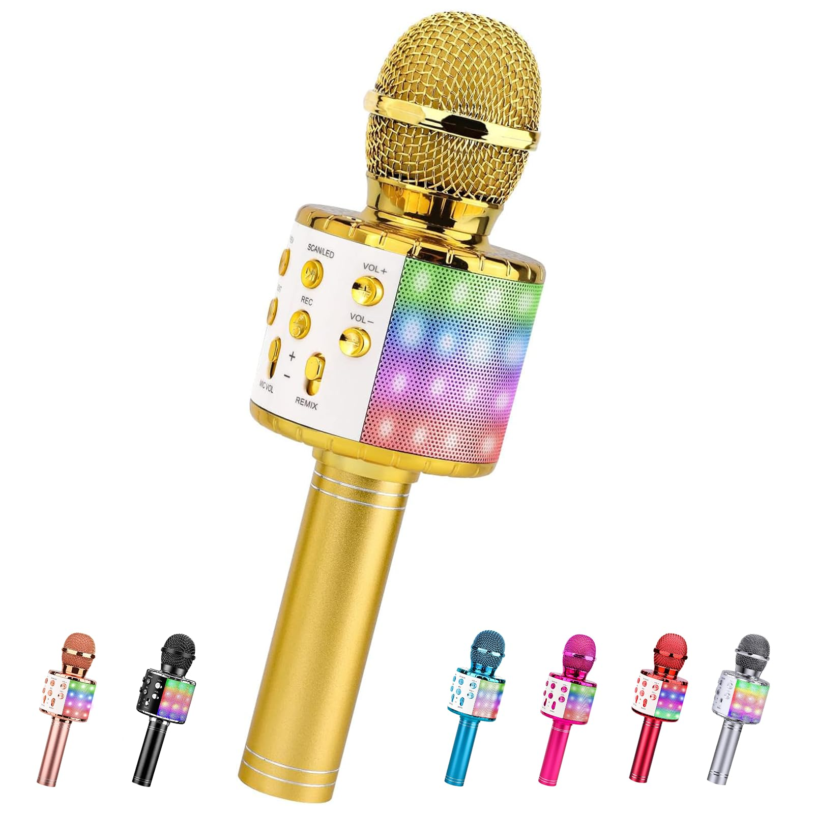 Ein goldenes Karaoke-Mikrofon mit bunten Lichtern und sieben verschiedenfarbigen Basis-Mikrofonen.