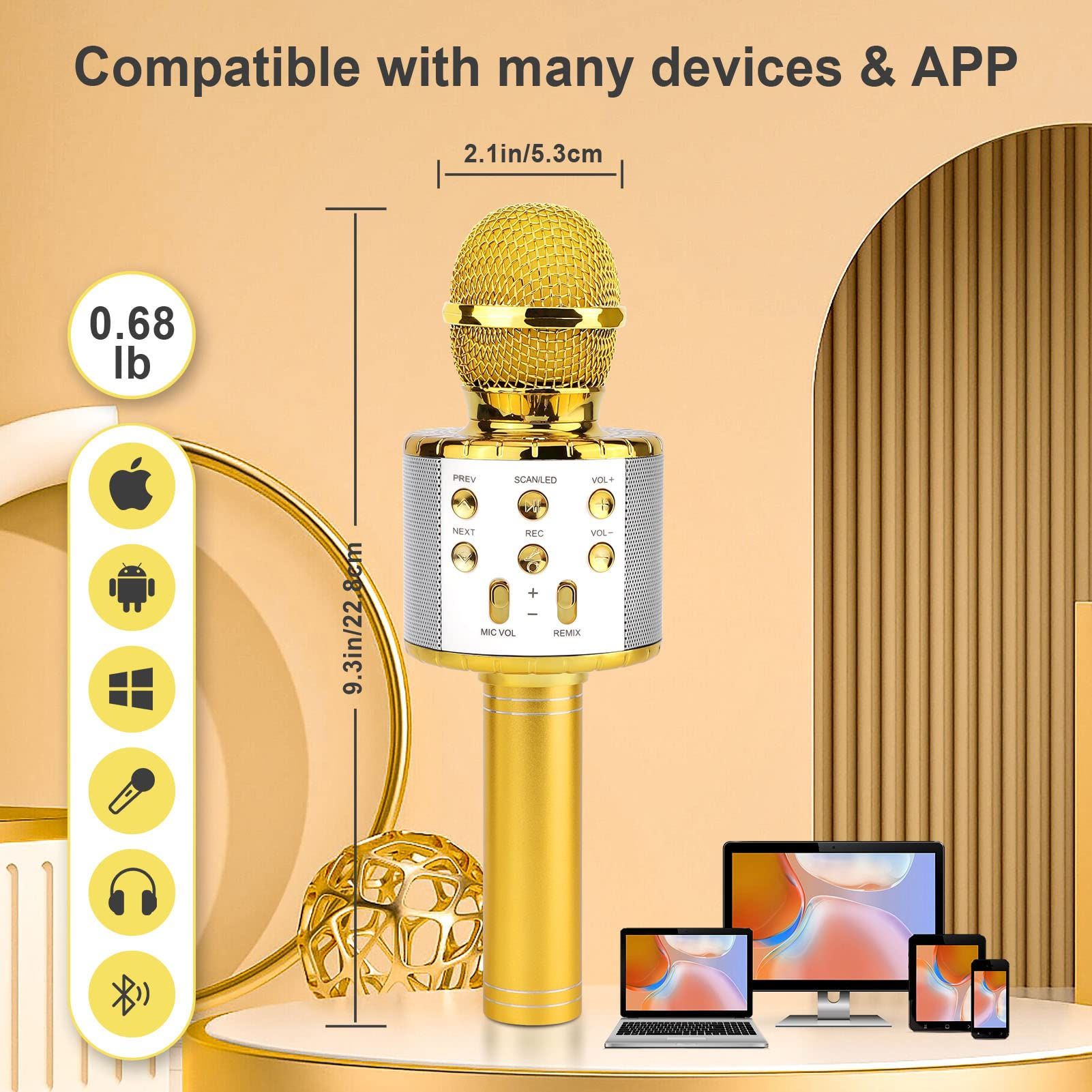 Goldenes Mikrofon mit Knöpfen, Abmessungen und kompatiblen Geräten auf einem goldenen Ständer. Viele Geräte und Apps unterstützt.