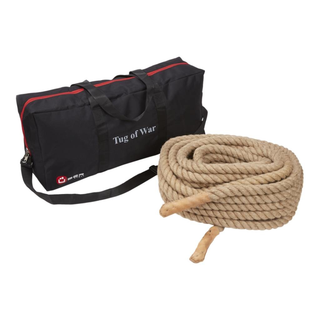 Schwarze Reisetasche mit schwarzem Riemen und rotem Reißverschluss, neben Seil.