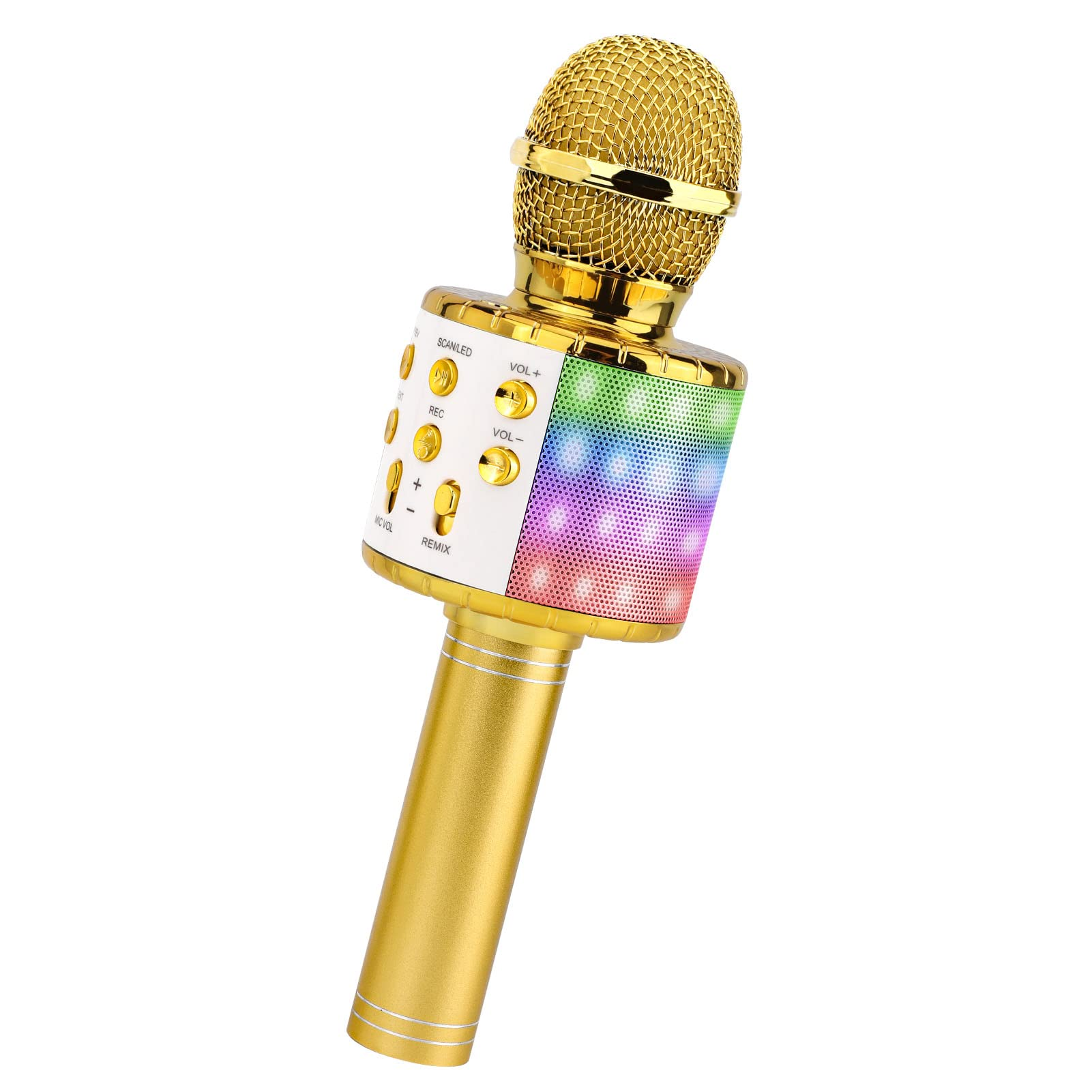 Ein goldenes Karaoke-Mikrofon mit bunten Lichtern und Knöpfen.
