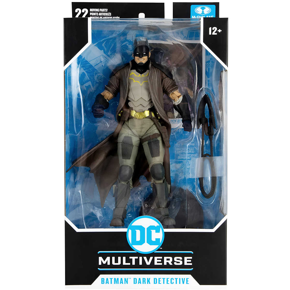 Una figura de acción de Batman en una caja, con un tema de detective oscuro.