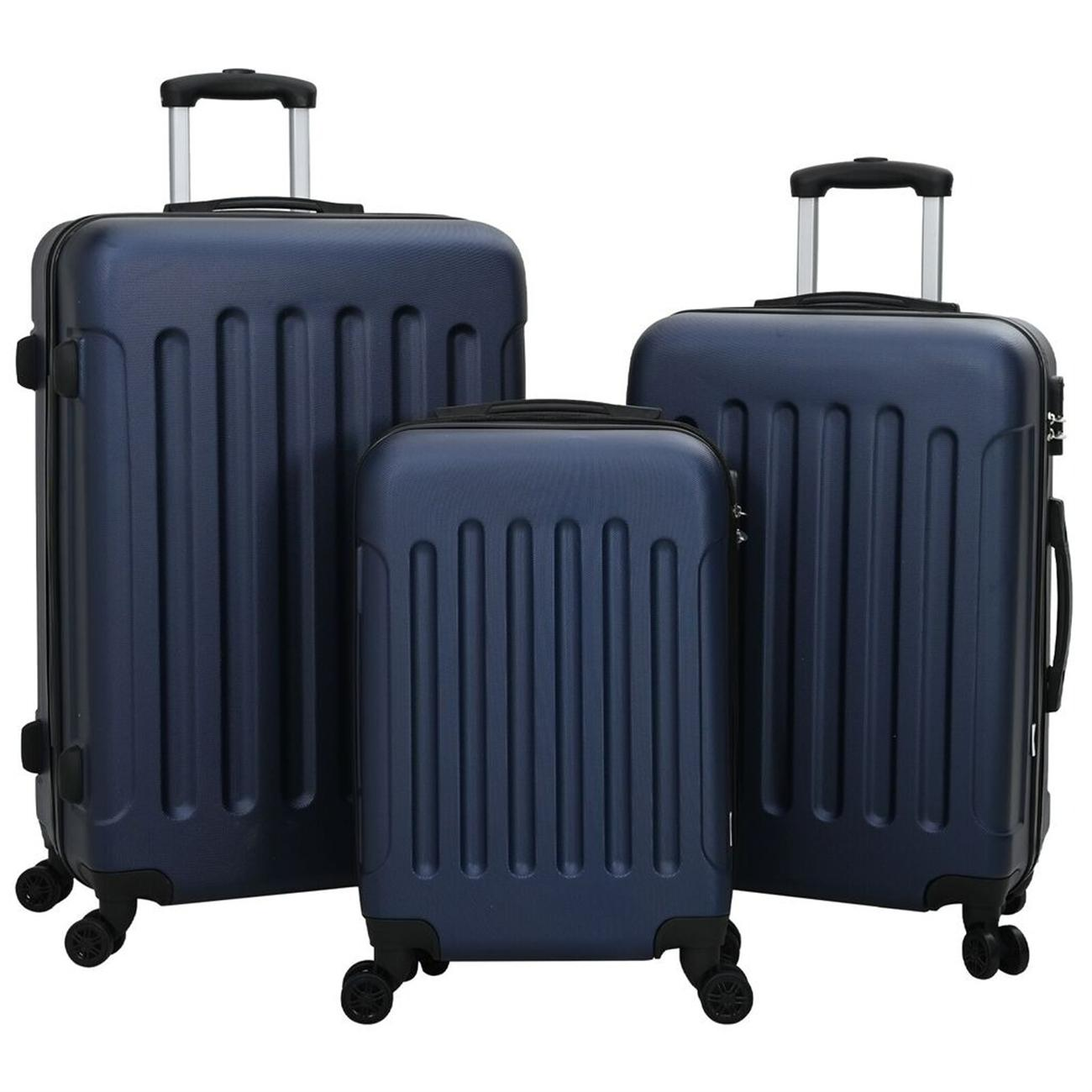 Set aus drei marineblauen Koffern in verschiedenen Größen.