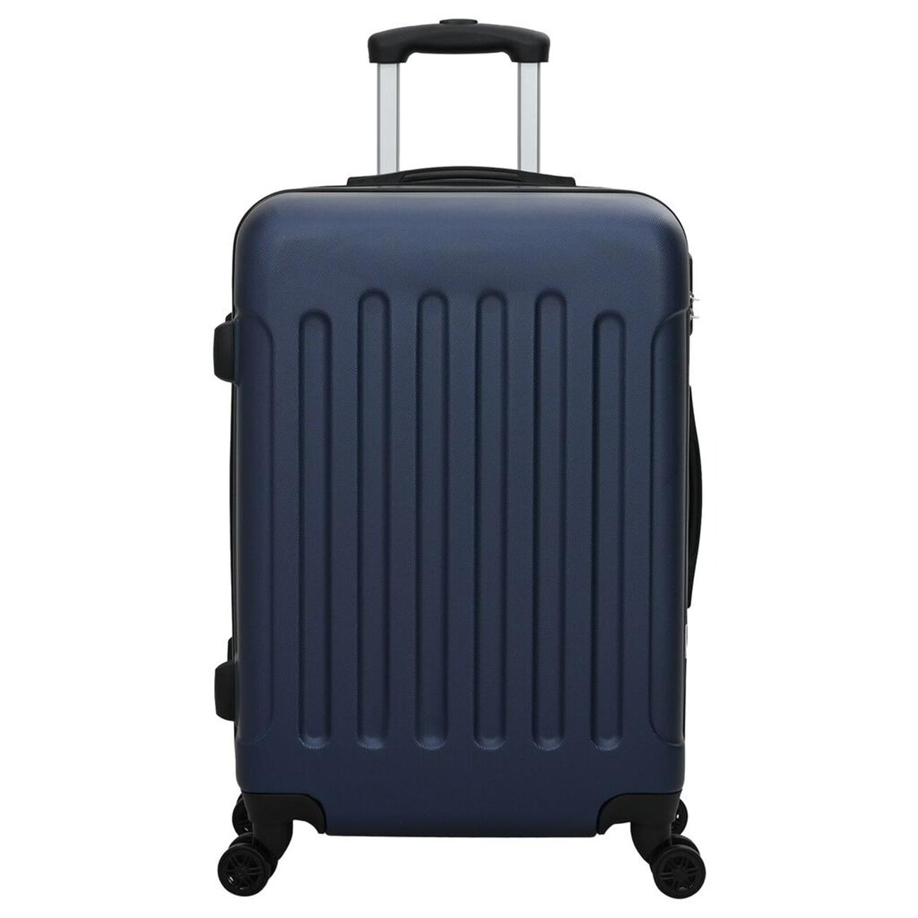 Marineblauer Rollkoffer mit Griff und Rädern. Der Koffer ist geschlossen und hat eine strukturierte Oberfläche.