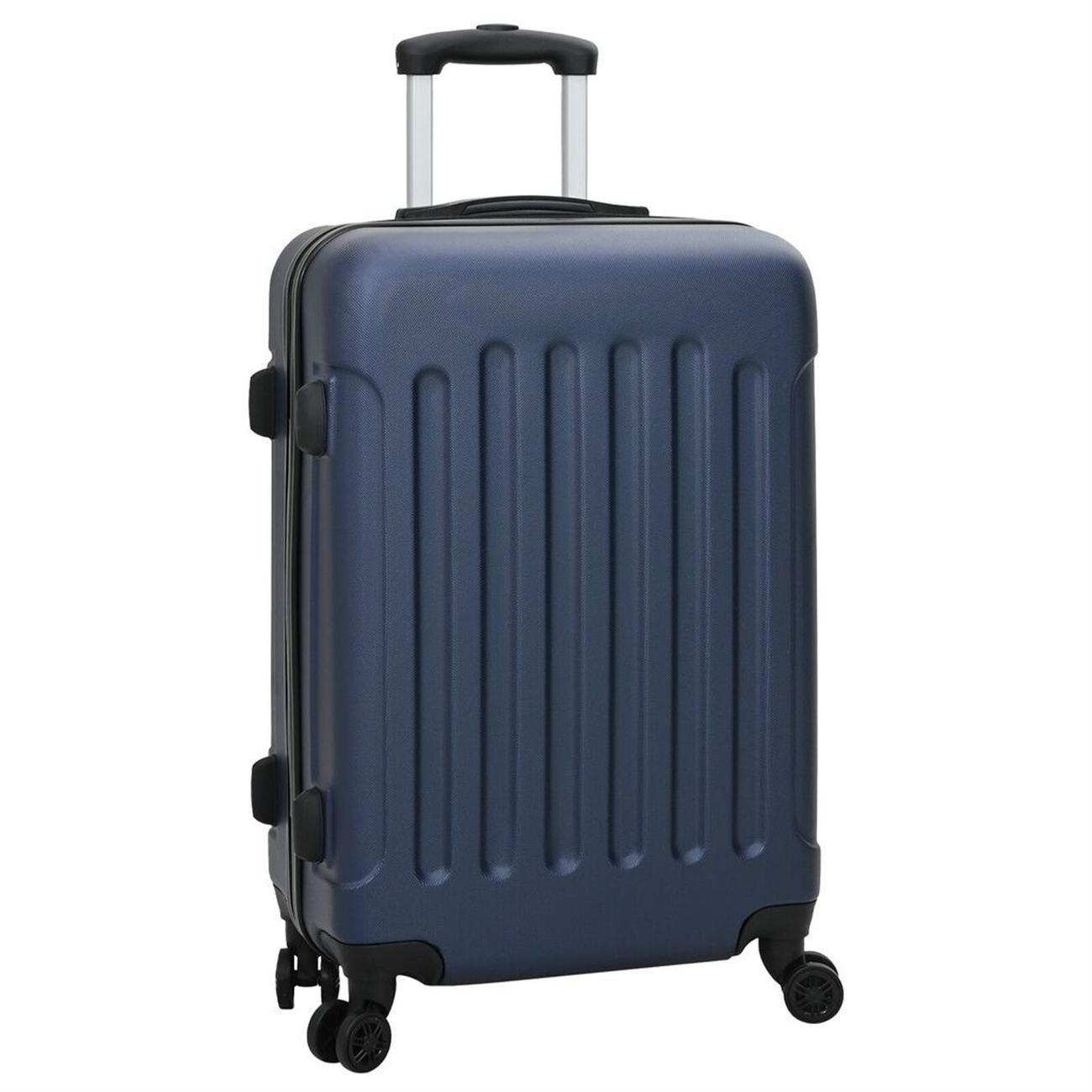 Ein blauer Rollkoffer mit ausziehbarem Griff. Mit vertikalen Linien, auf weißem Hintergrund.