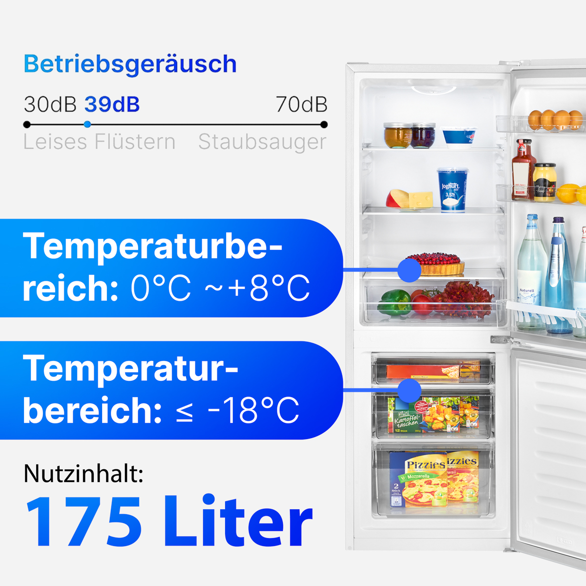 Otwarta lodówka pokazująca zakres temperatur i zawartość.
