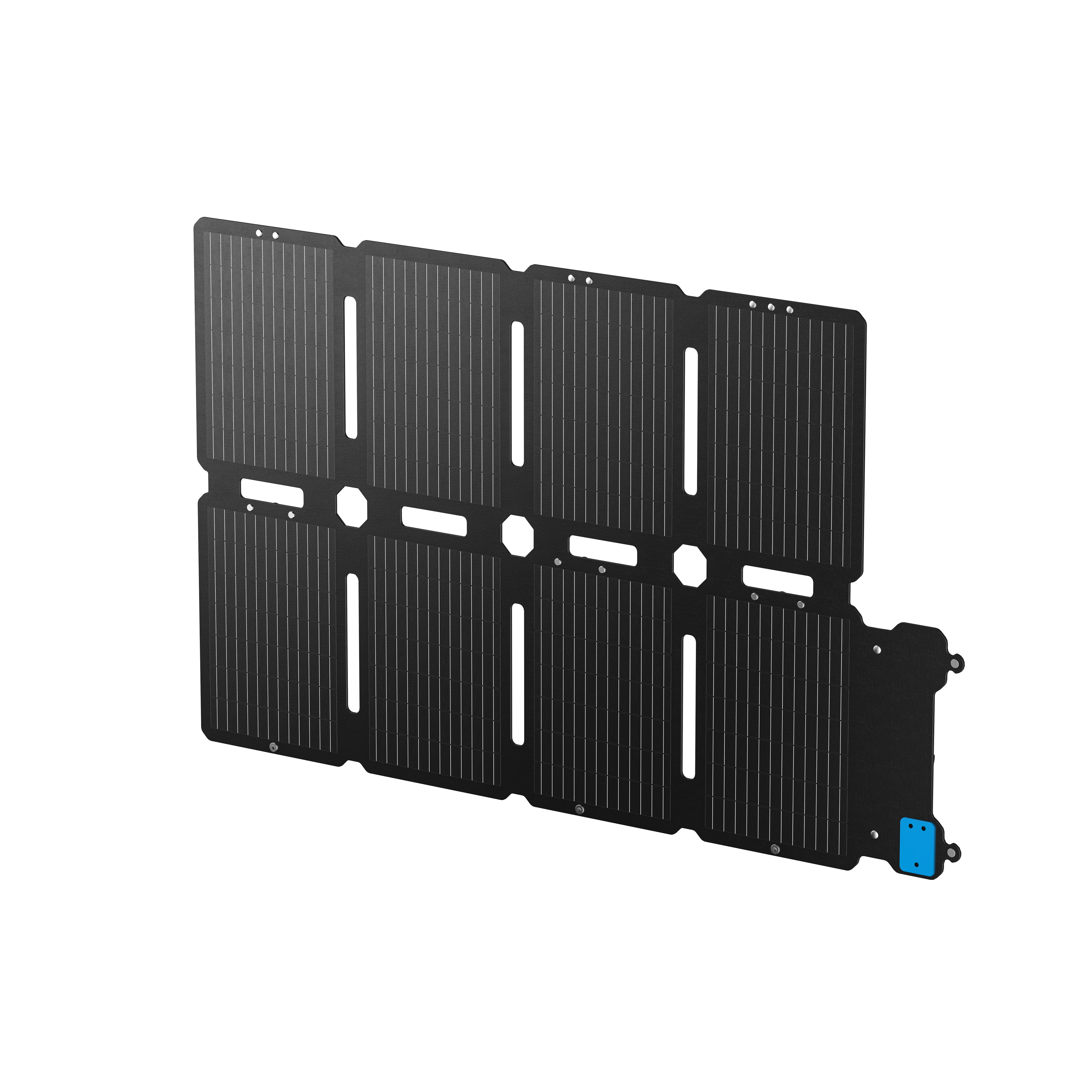 Czarny panel słoneczny z wieloma pionowymi liniami i kilkoma otworami. Niebieskie złącze jest z boku.