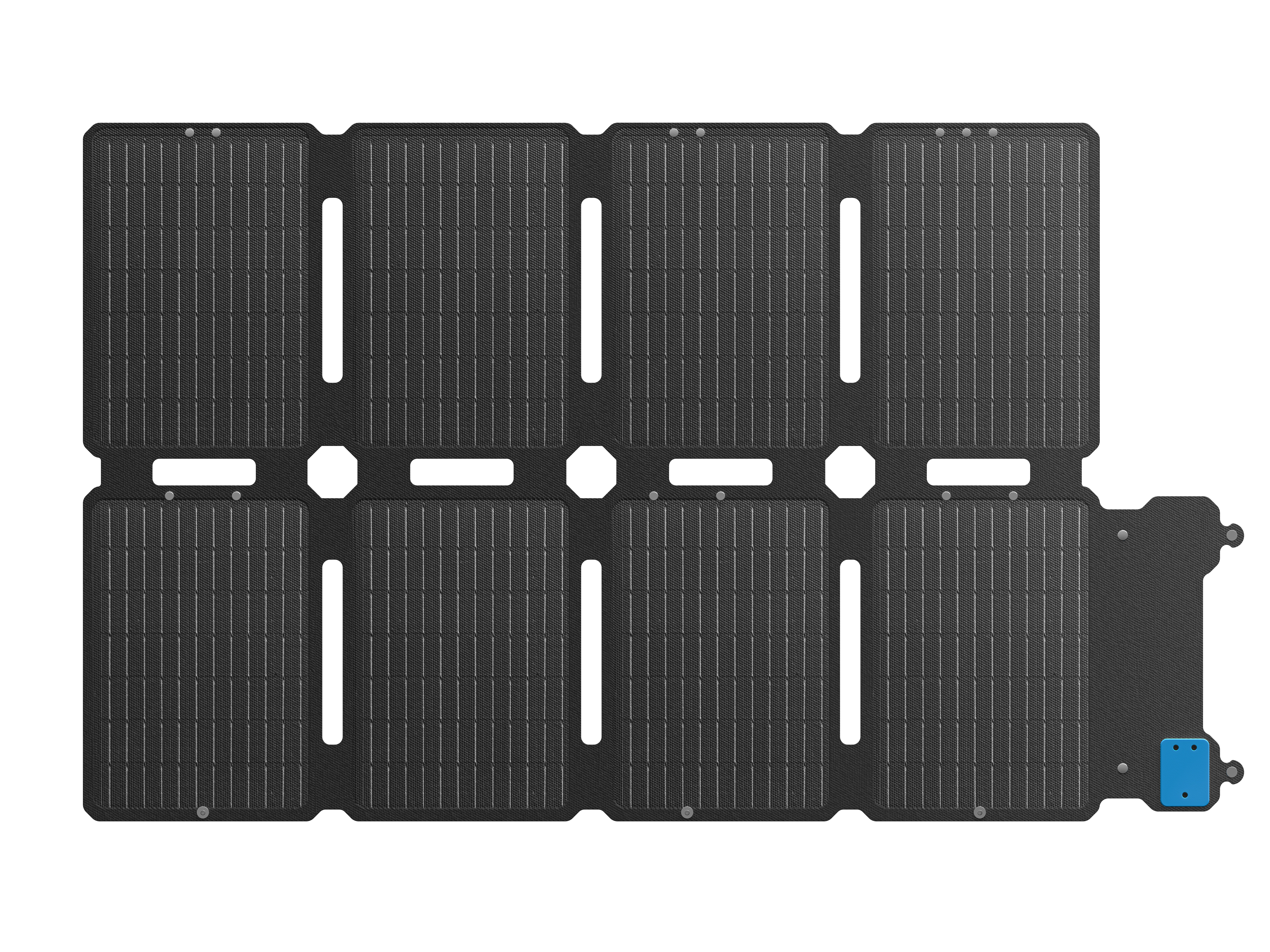 Czarny zestaw paneli słonecznych. Wiele paneli z ciemnym wzorem siatki. Niebieskie złącze z boku.