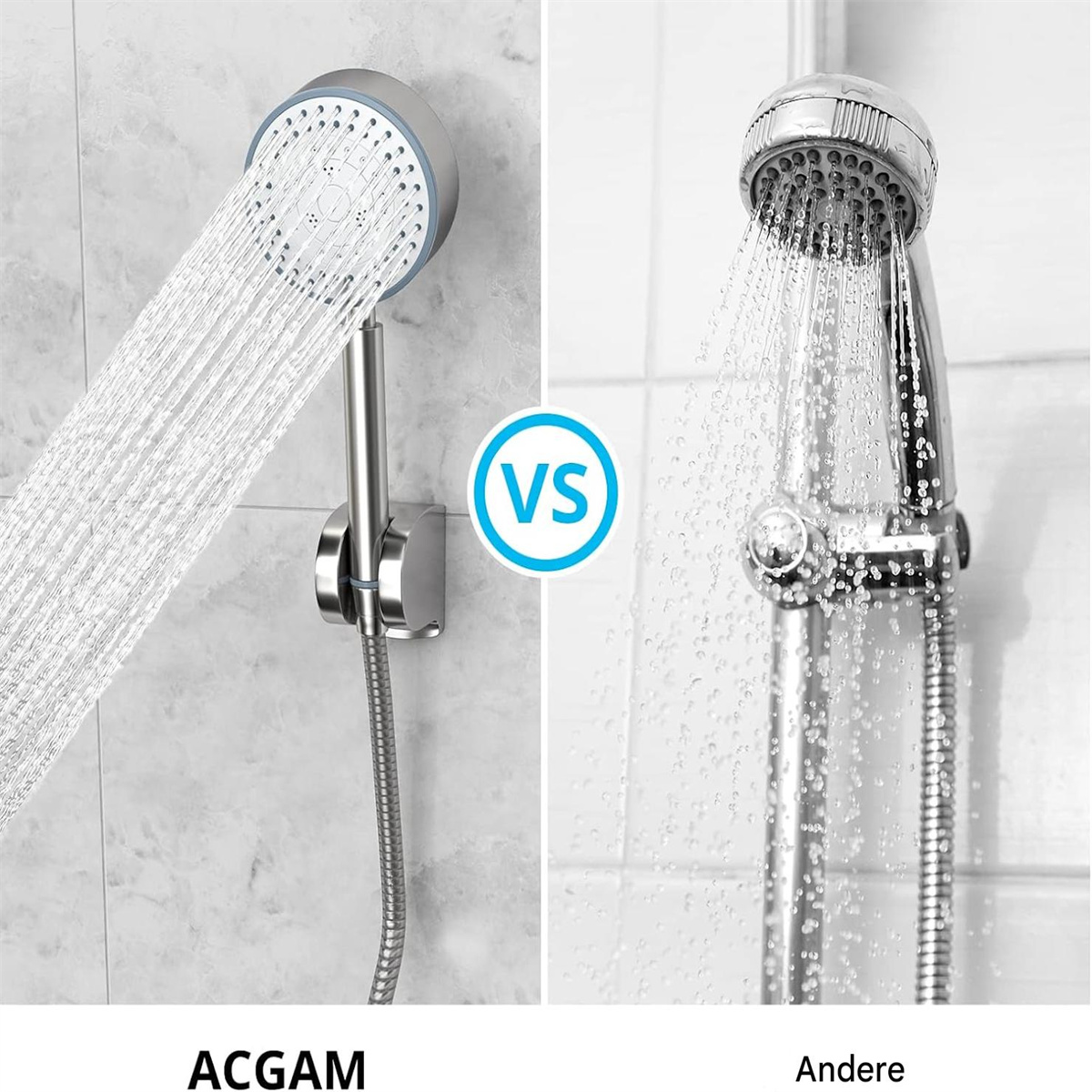 Duschköpfe mit Wasserstrahlen. Einer ist mit ACGAM gekennzeichnet, der andere ist generisch, mit Wasserspray.