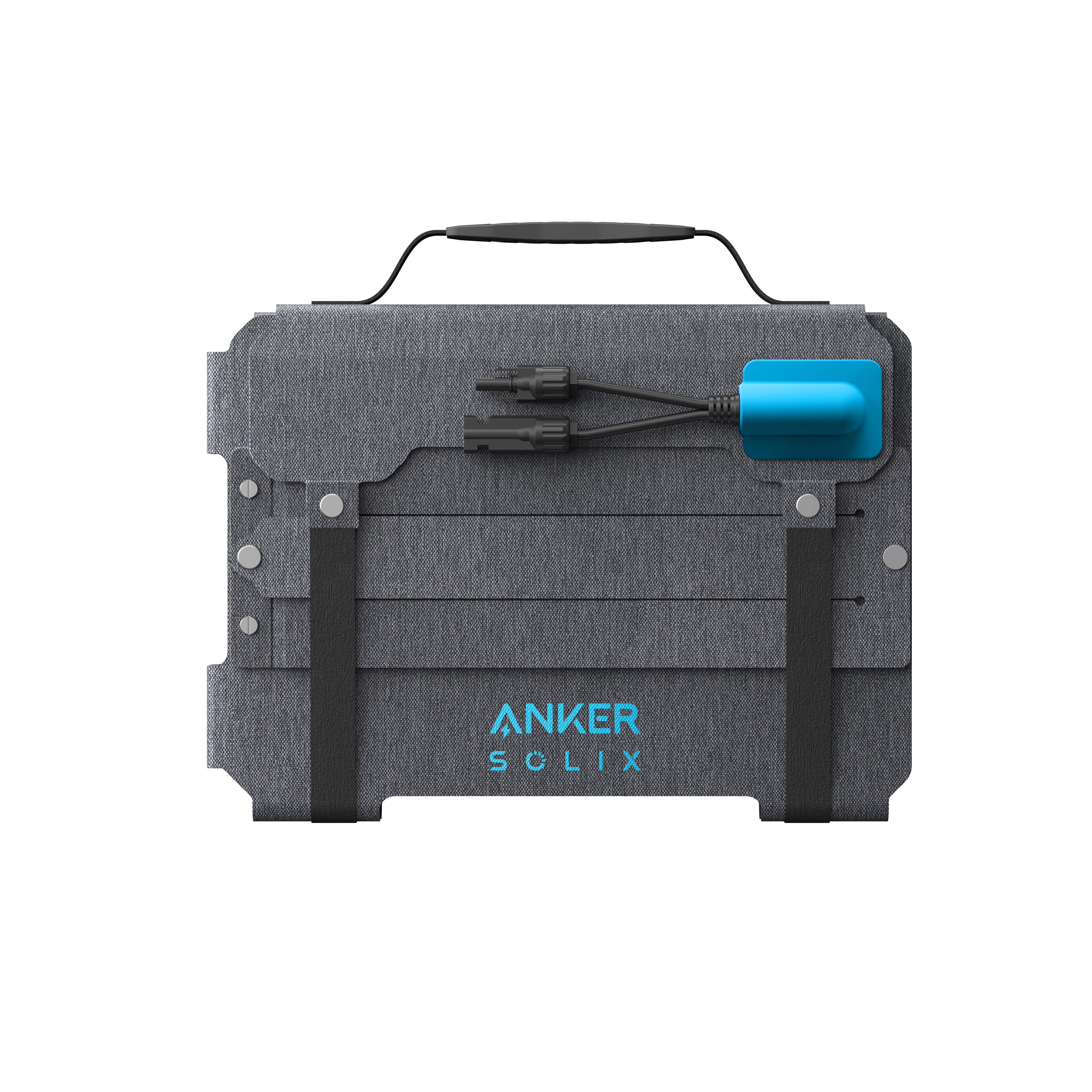 Złożony panel słoneczny, z czarnymi paskami i niebieskim portem ładowania. Szaro-czarny design.