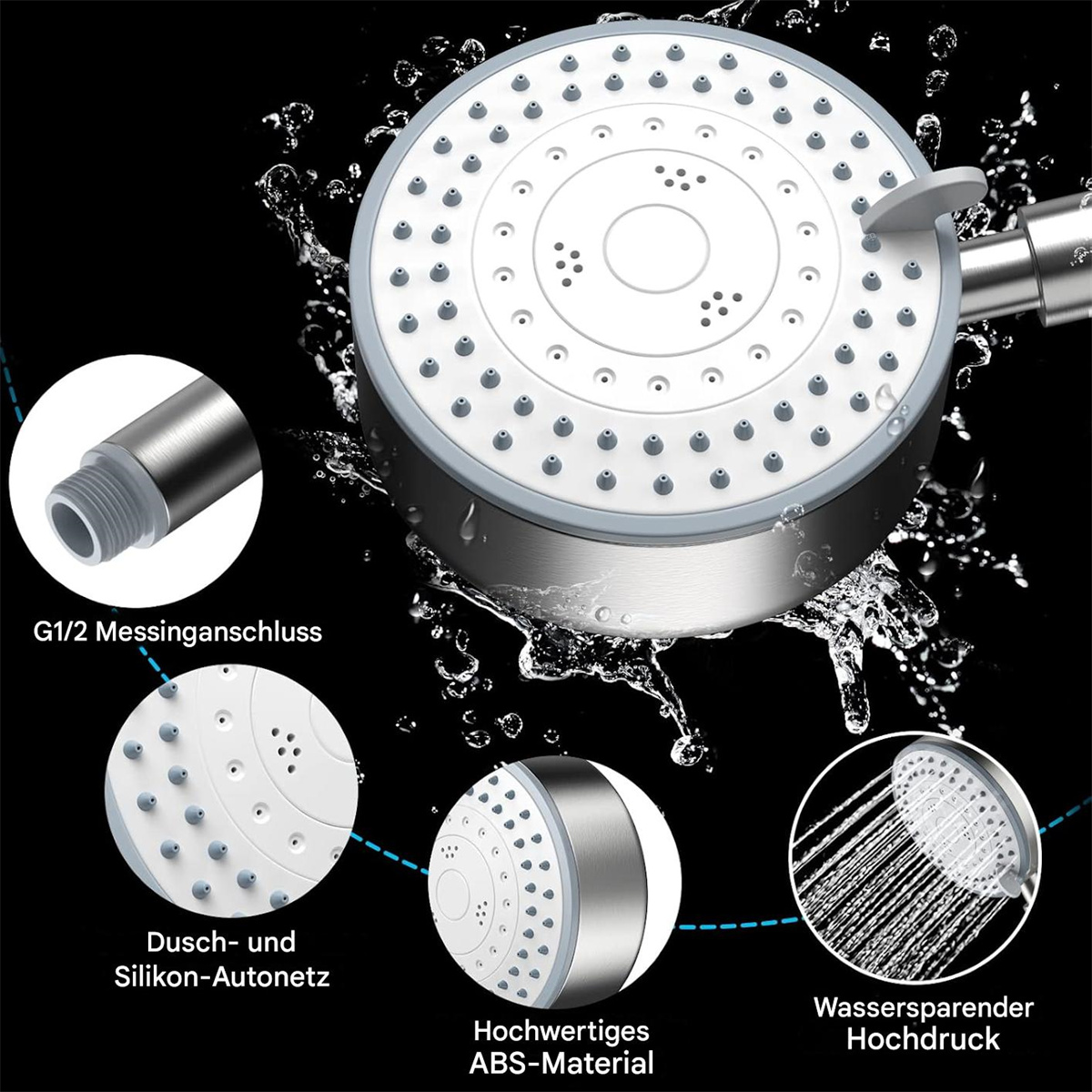Nahaufnahme eines Duschkopfes mit verschiedenen Komponenten. Silber- und Weißtöne. Wassertropfen sichtbar.