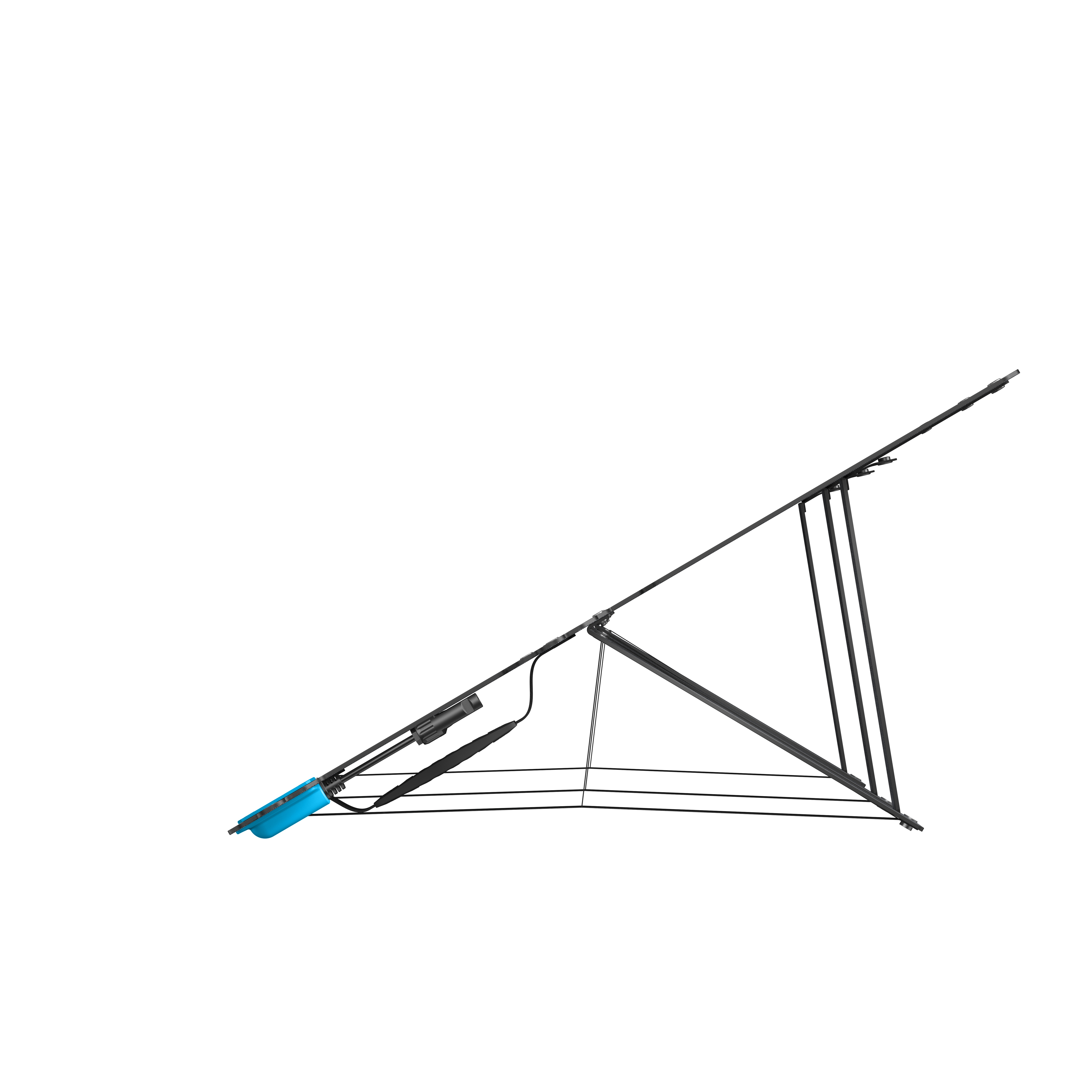 Stojak na rower z niebieskimi akcentami, podtrzymuje ramę roweru. Oparty o białe tło.