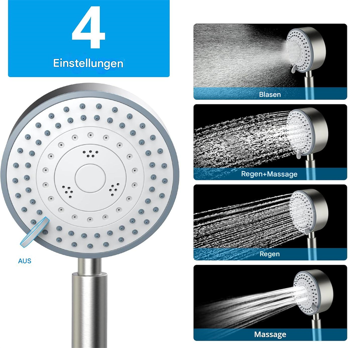Duschkopf mit vier Sprüheinstellungen. Nahaufnahme zeigt Kopf und Sprühoptionen.