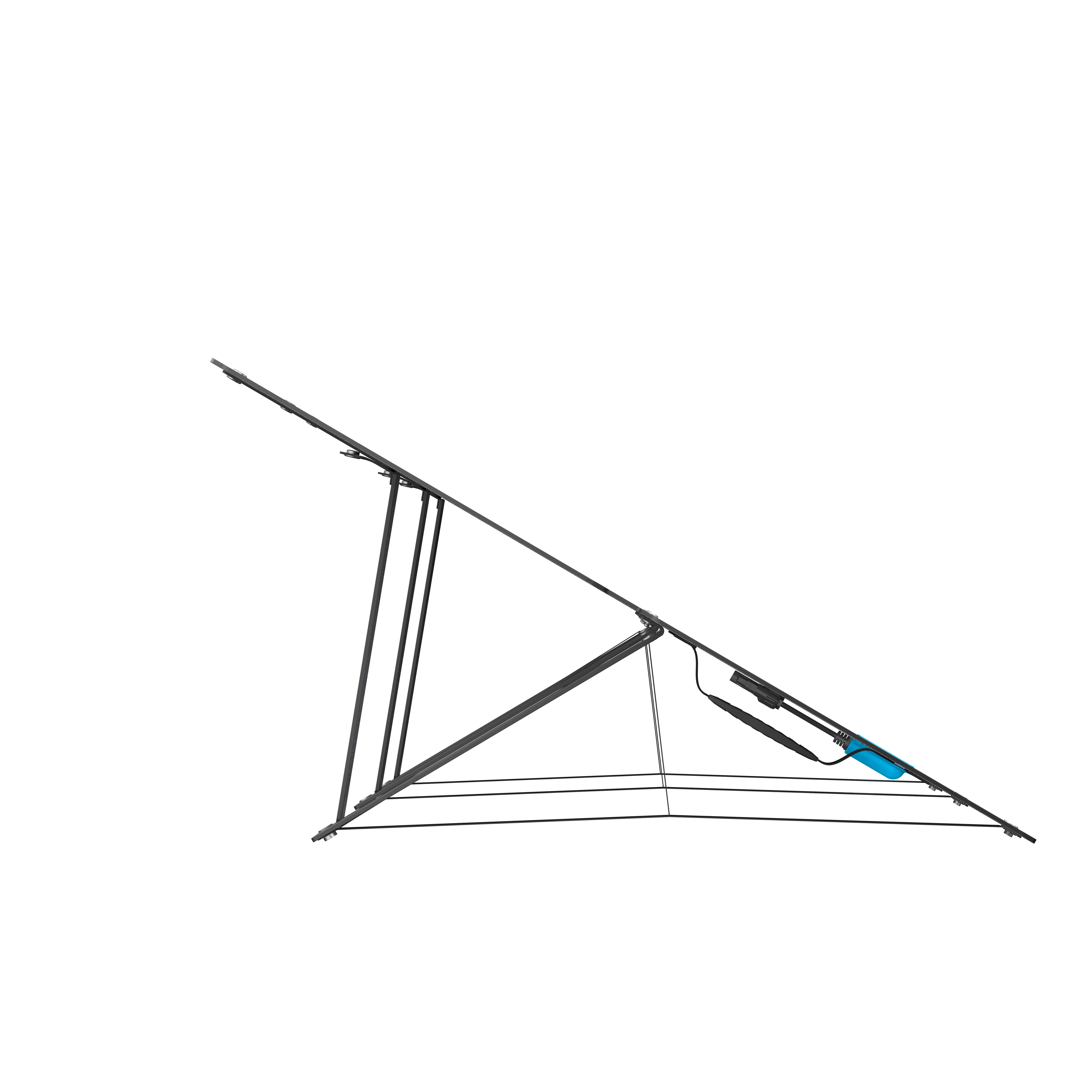 Czarna metalowa konstrukcja ramy pochylona pod kątem, z niebieskim elementem.