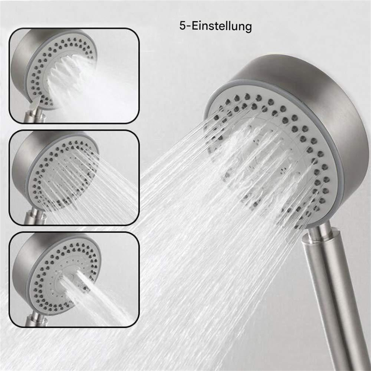 Duschkopf mit 5 Einstellungen. Nahaufnahme zeigt Kopf und verschiedene Wassersprühmuster.