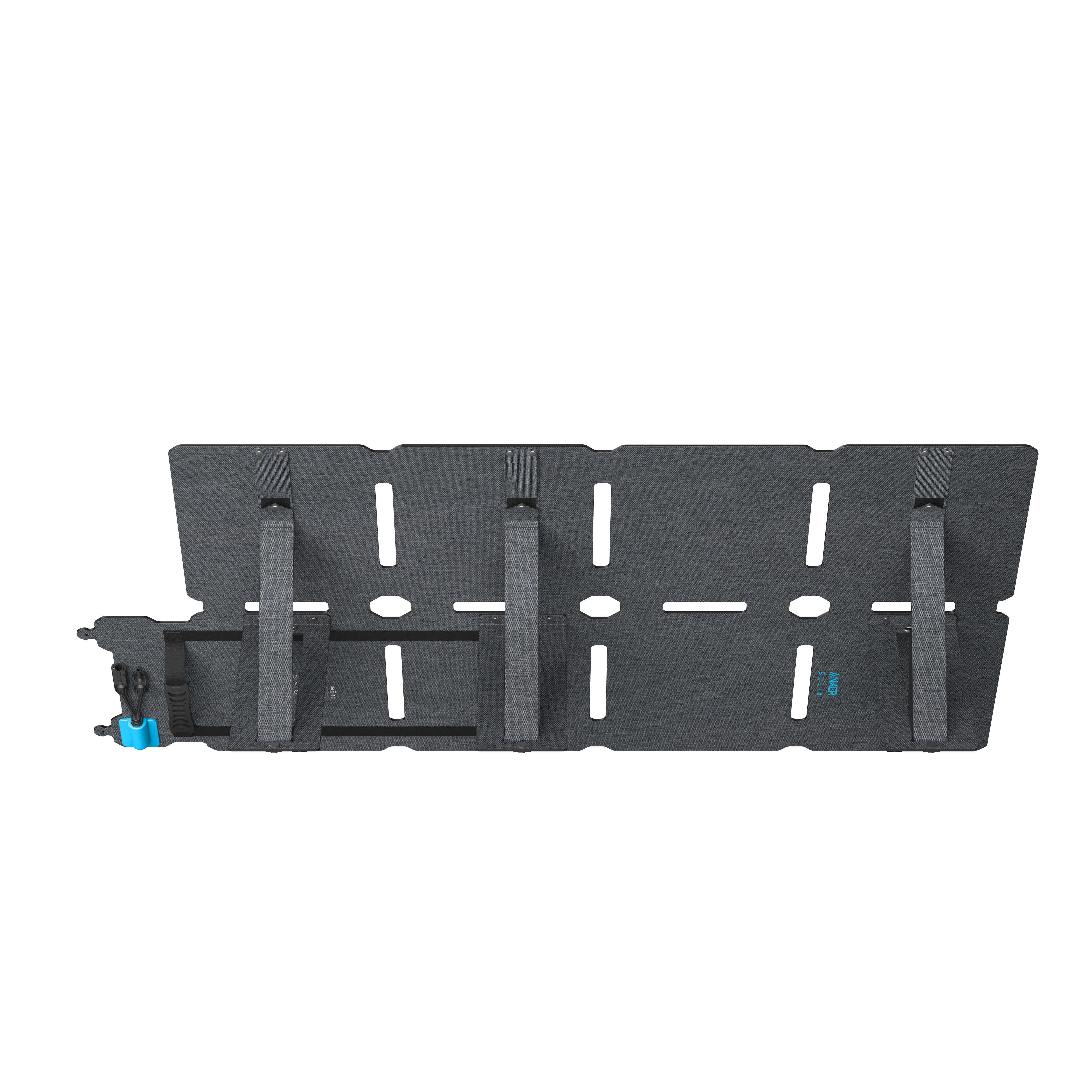 Płaski, złożony czarny organizer do siedzenia samochodowego z otworami i niebieskimi akcentami, widok z góry.