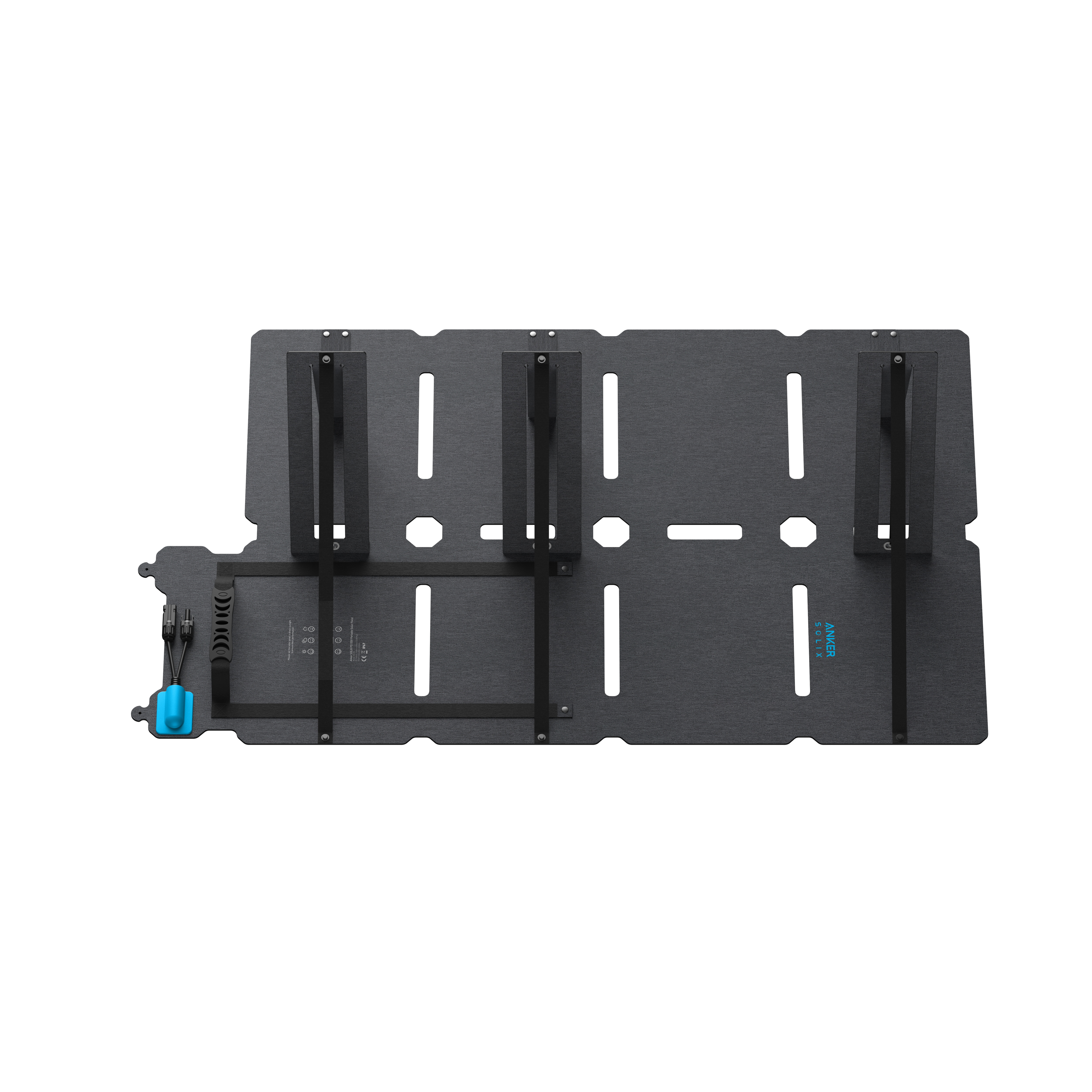 Czarna platforma z otworami i szczelinami, z niebieskim narzędziem i pędzlem.