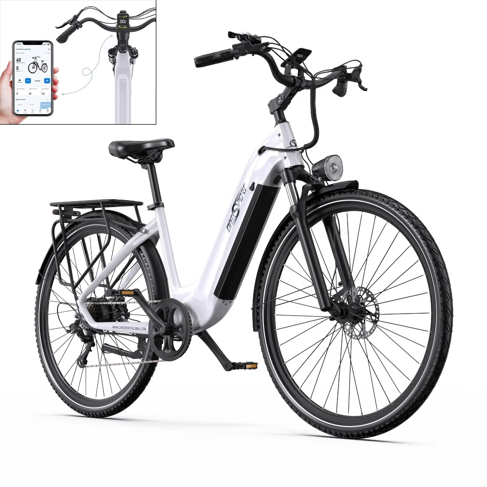 Ein weißes Elektrofahrrad mit schwarzen Akzenten. Ein Telefon zeigt Fahrradstatistiken.
