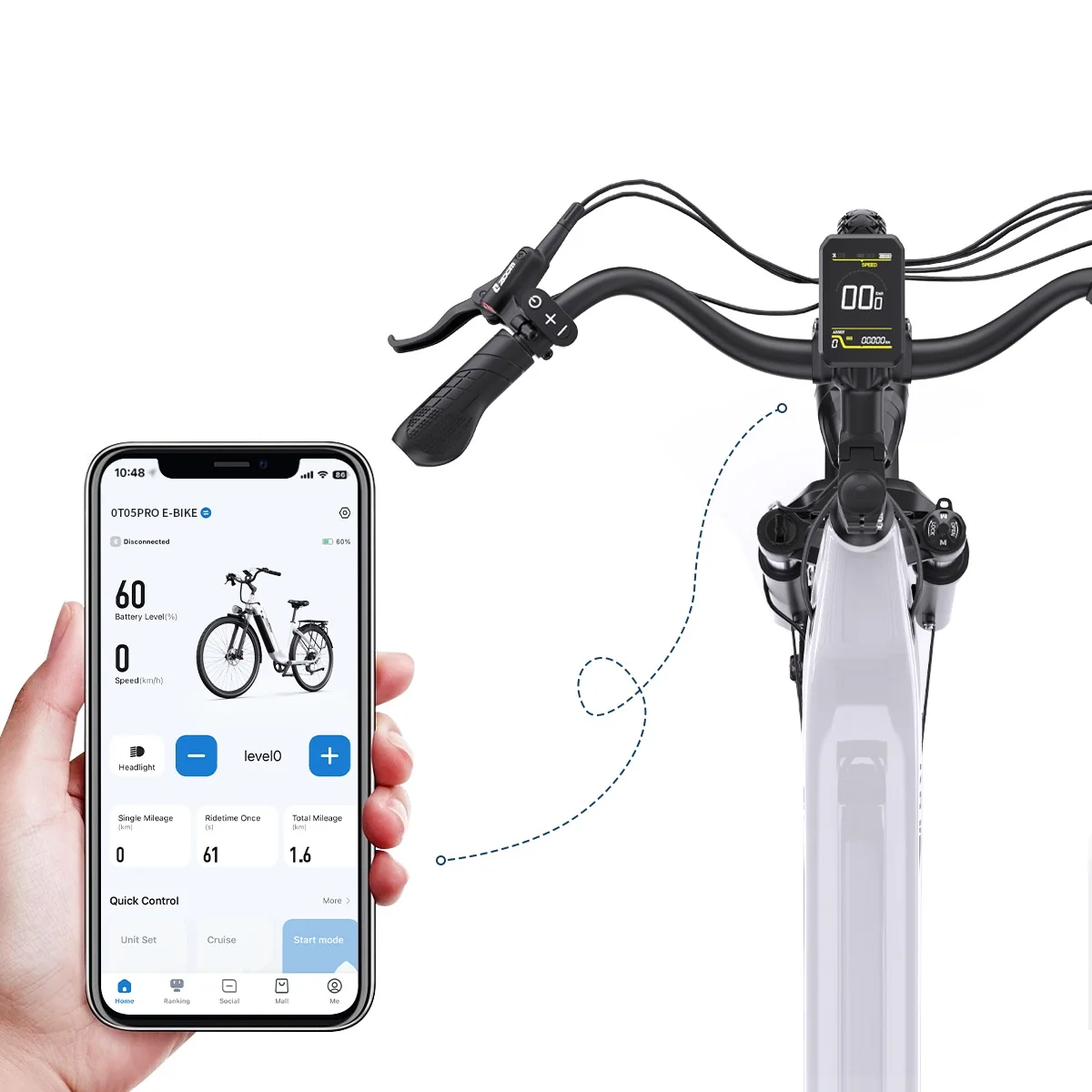 E-Bike-Lenker und Telefonschnittstelle. Telefon zeigt Geschwindigkeit, Kilometerstand und Akkuladung.