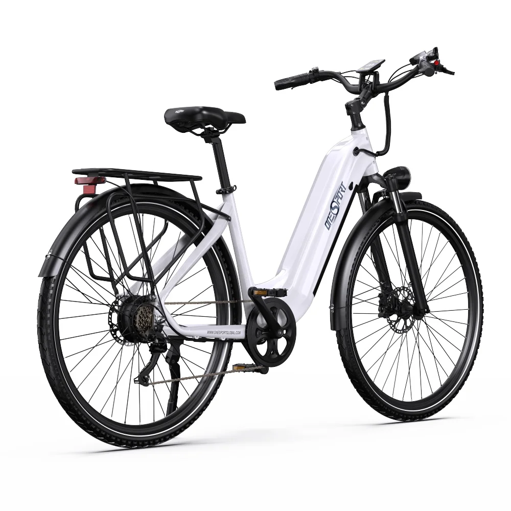Ein weißes Elektrofahrrad mit schwarzen Reifen und Akzenten. Seitenansicht.