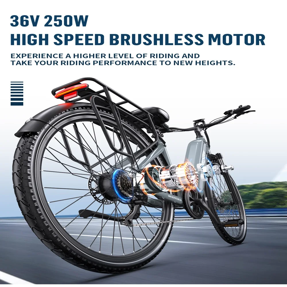 Elektrofahrrad mit bürstenlosem Hochgeschwindigkeitsmotor. Schwarze Reifen, Gepäckträger und Rahmen. Blaue und orangefarbene Motordetails.