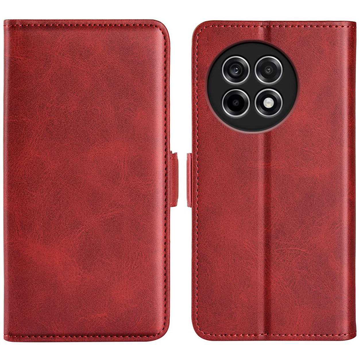 Housse de téléphone en cuir rouge avec une découpe pour l'appareil photo.