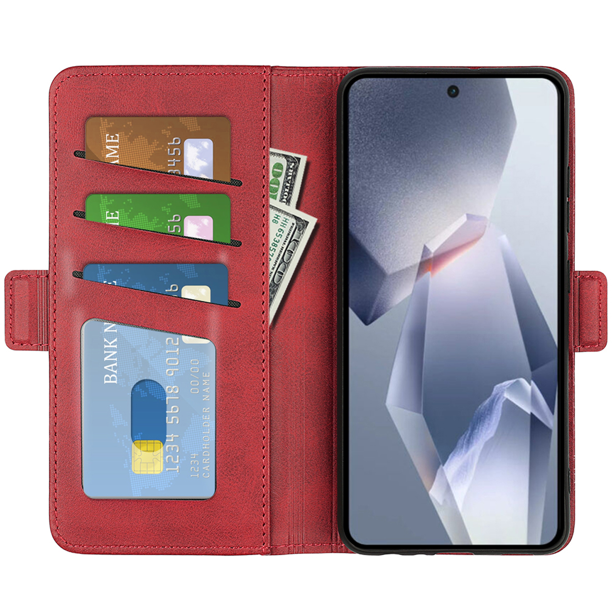 Étui rouge ouvert, avec cartes, argent et téléphone affichant image abstraite.
