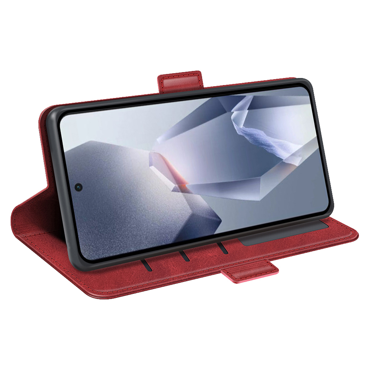 Étui rouge, ouvert, tenant un téléphone affichant une image abstraite.
