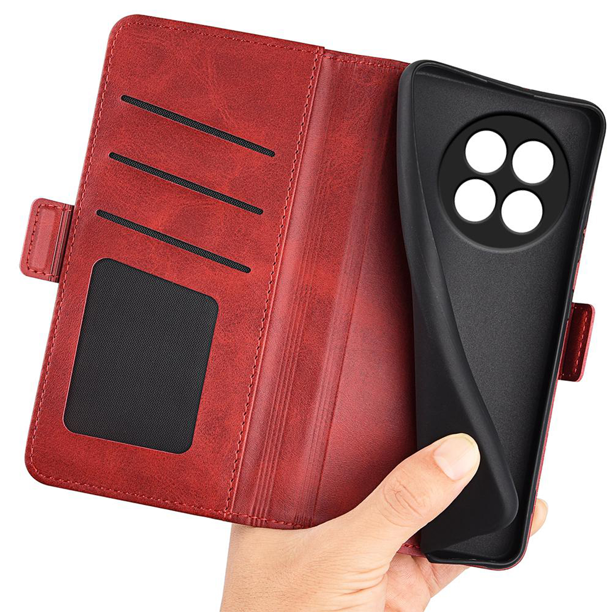 Étui de téléphone en cuir rouge ouvert, montrant des fentes pour cartes.