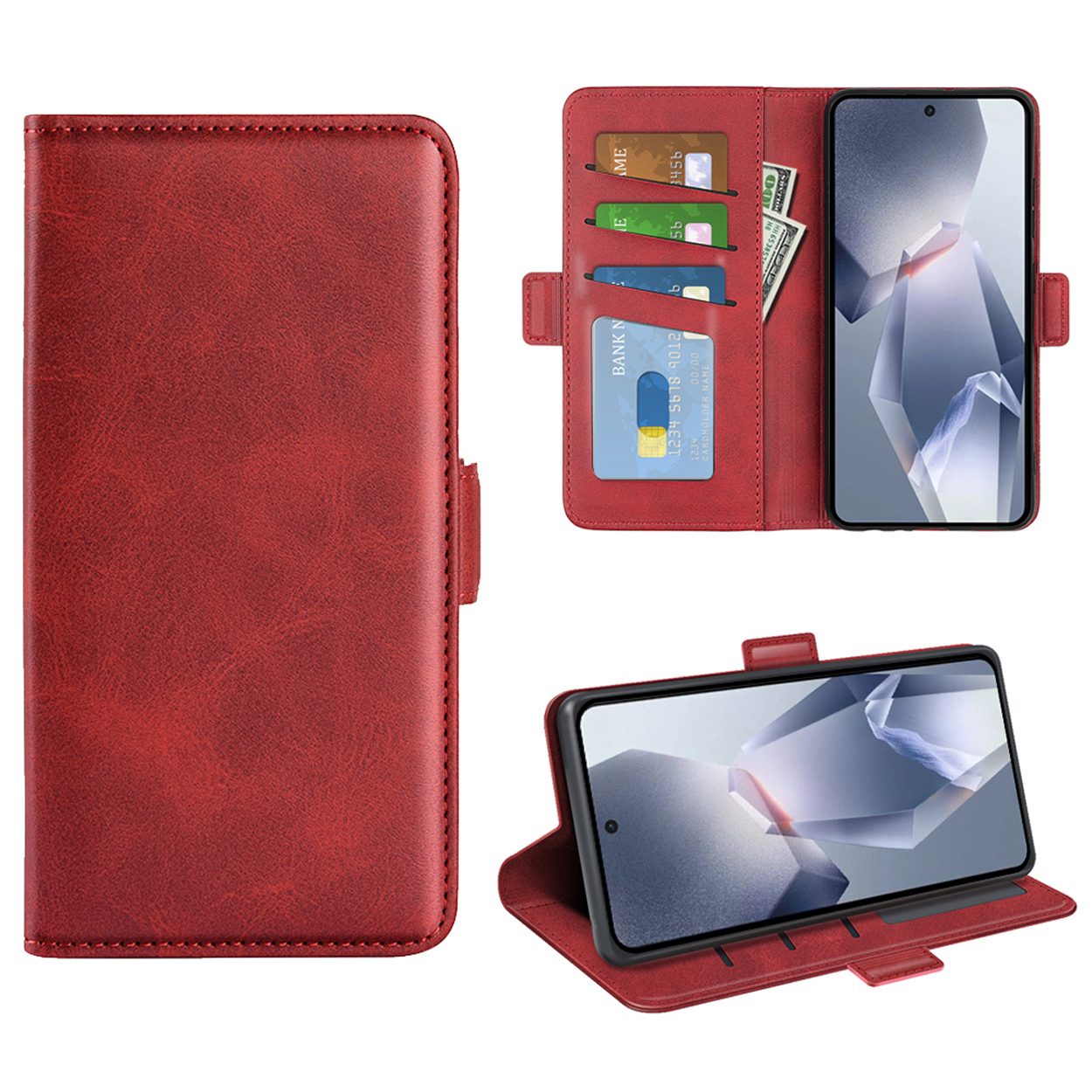 Un étui rouge, fermé et ouvert, avec un téléphone, des cartes et de l'argent visibles.
