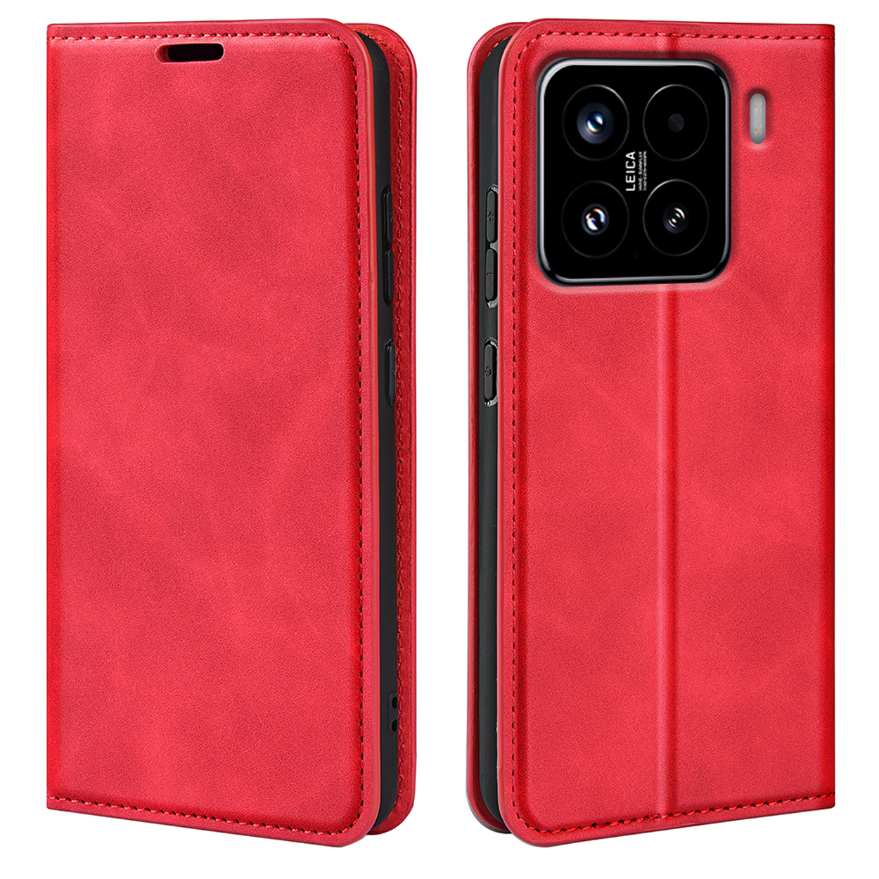 Étui de téléphone en cuir rouge, fermé et ouvert, avec détails de caméra.