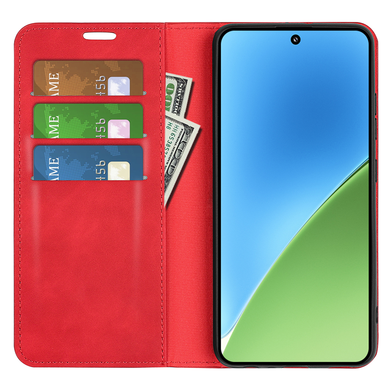 Étui rouge ouvert, avec cartes et argent. Un téléphone affiche une image bleu-vert.