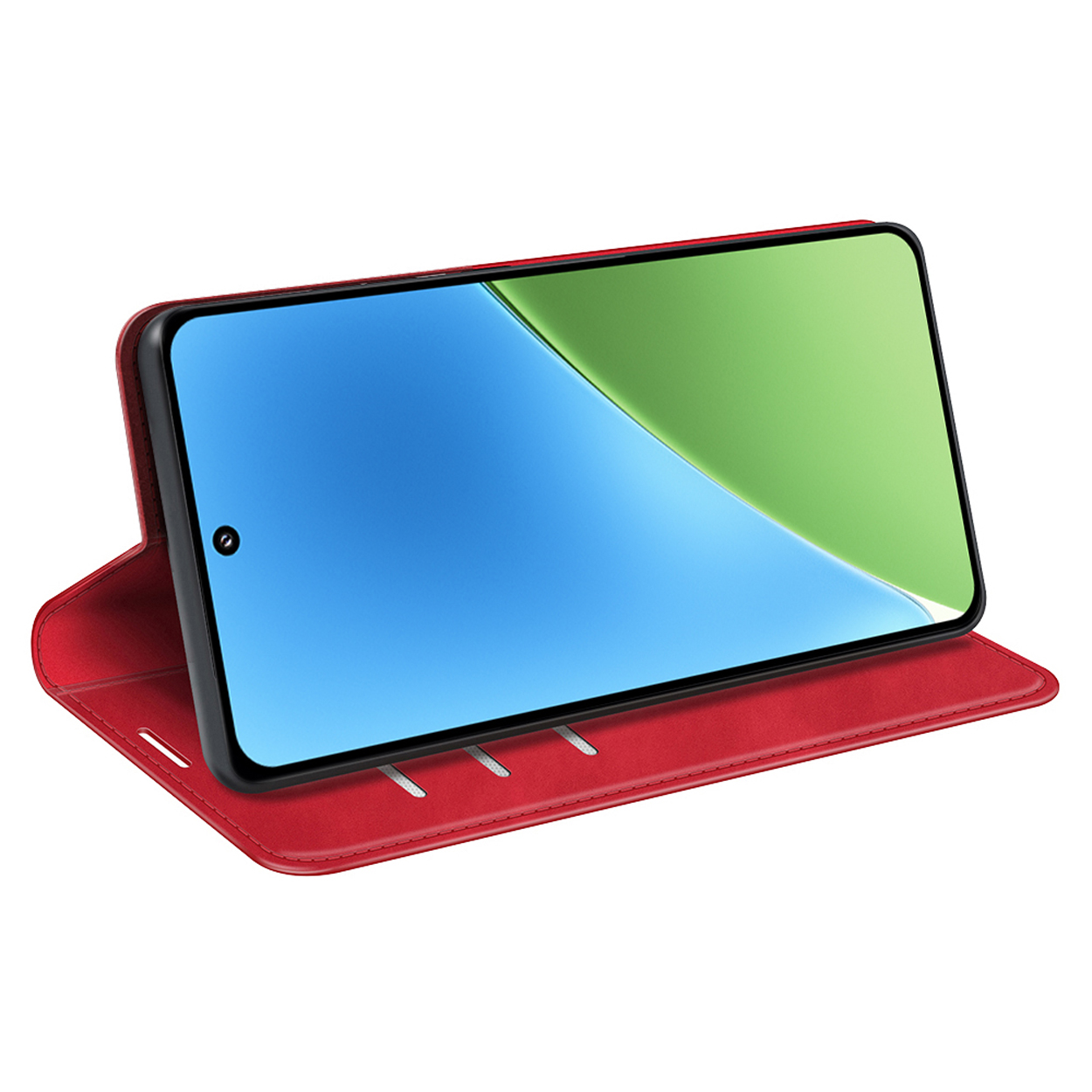 Étui de téléphone rouge avec un téléphone affichant un écran bleu et vert.