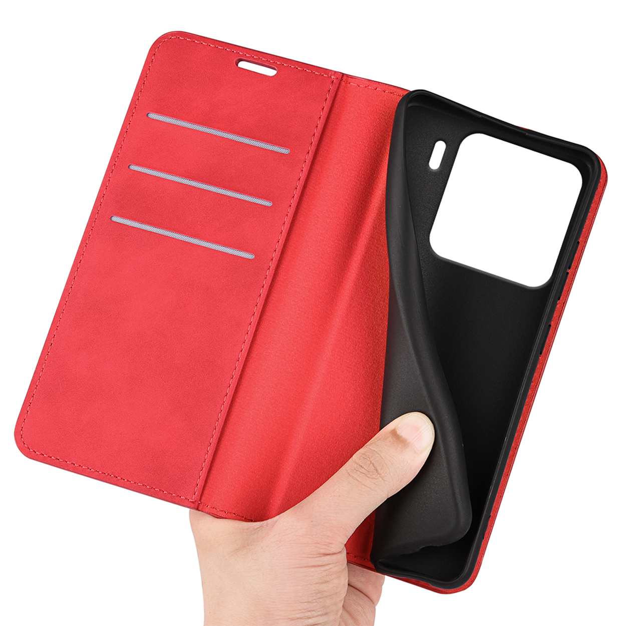 Étui de téléphone rouge ouvert, montrant des fentes pour cartes.
