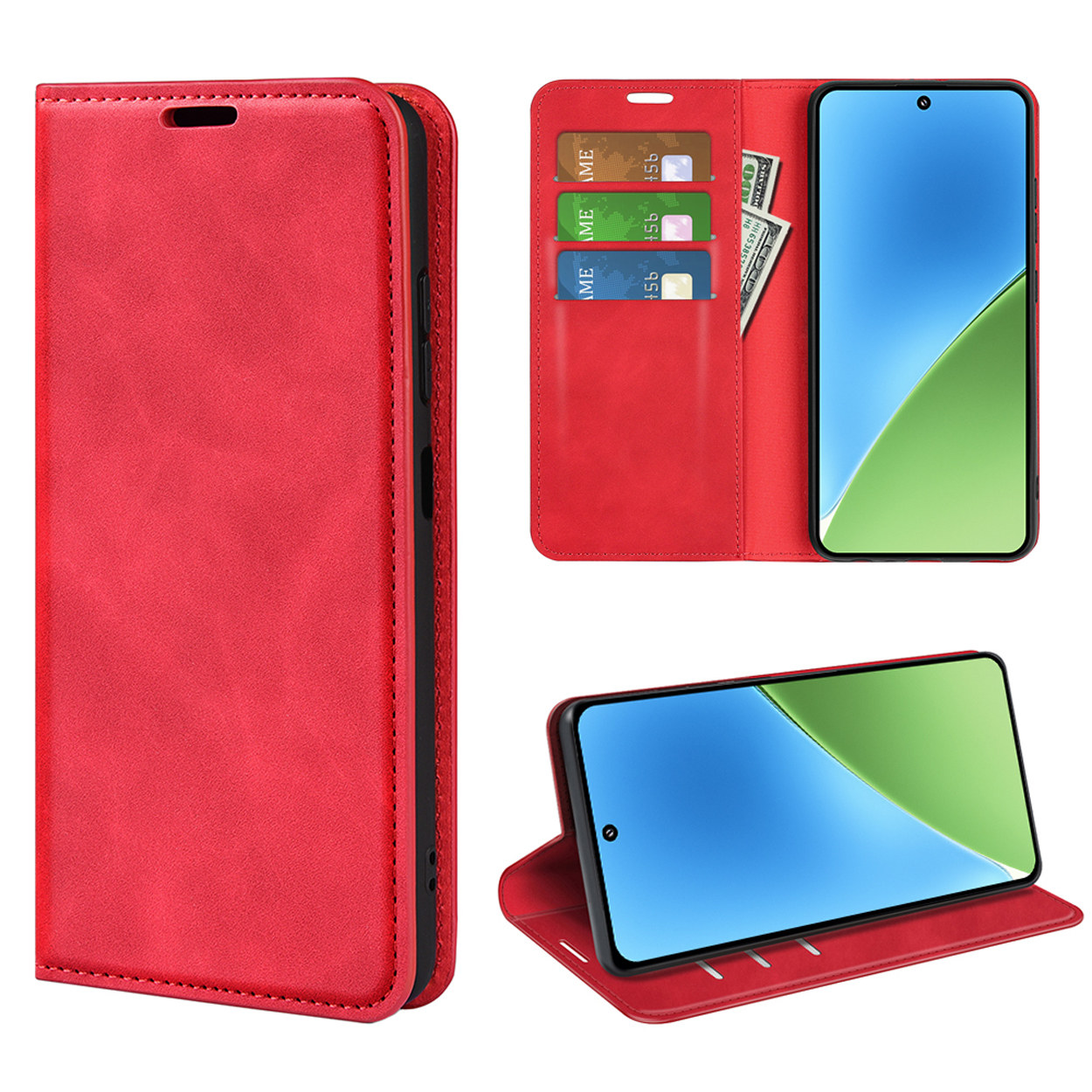 Étui de téléphone rouge, ouvert pour révéler téléphone, cartes et argent. Le téléphone affiche un fond vert et blanc.