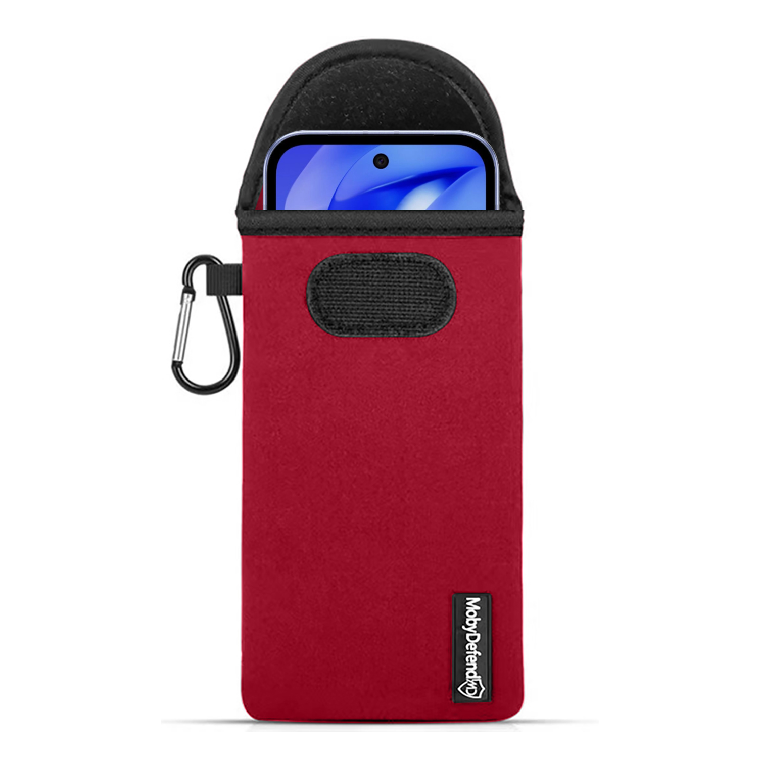 Étui de téléphone rouge avec dessus noir et mousqueton argenté. L'étui est sur fond blanc.
